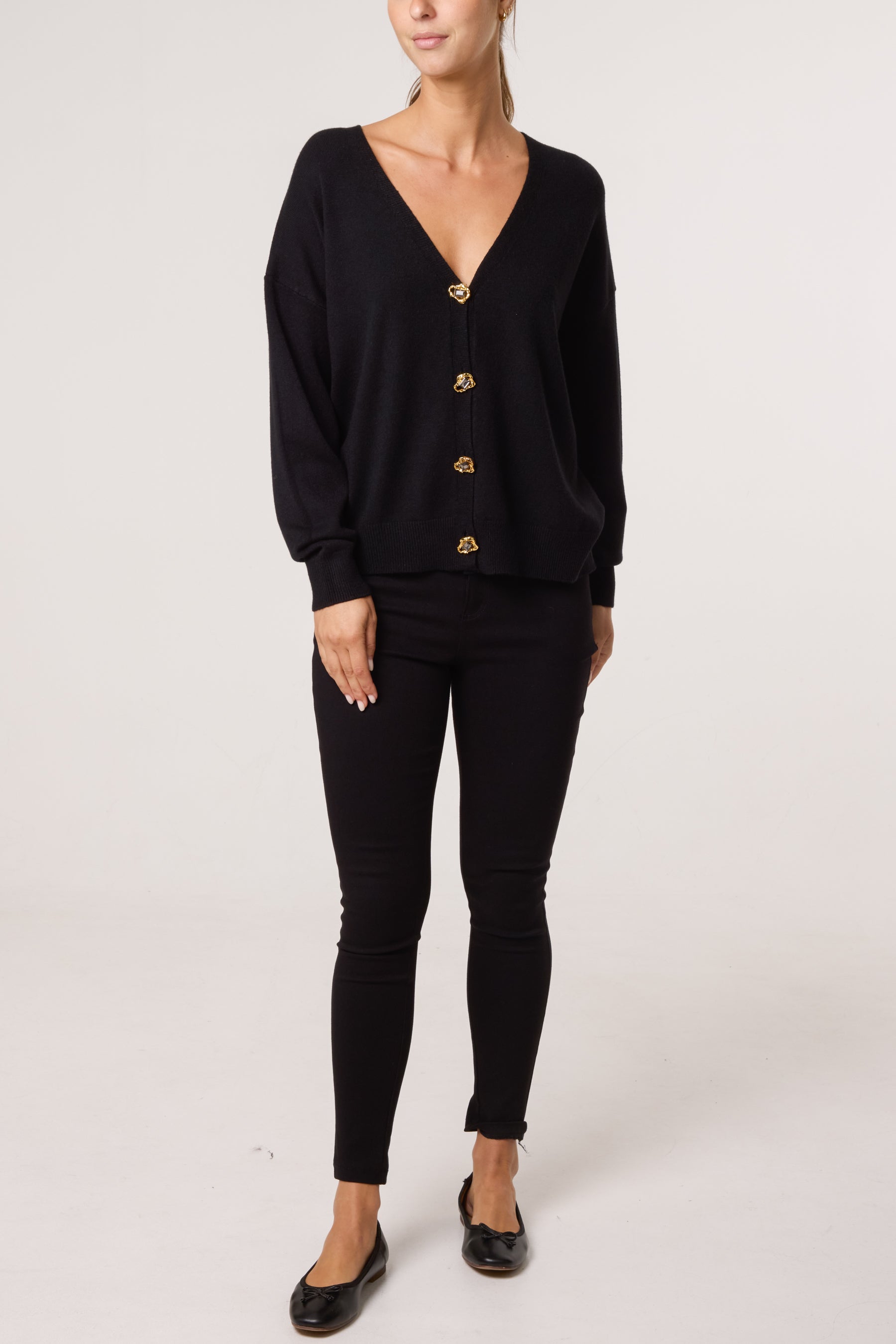 Gold & Jewelled Button V-Neck Cardigan