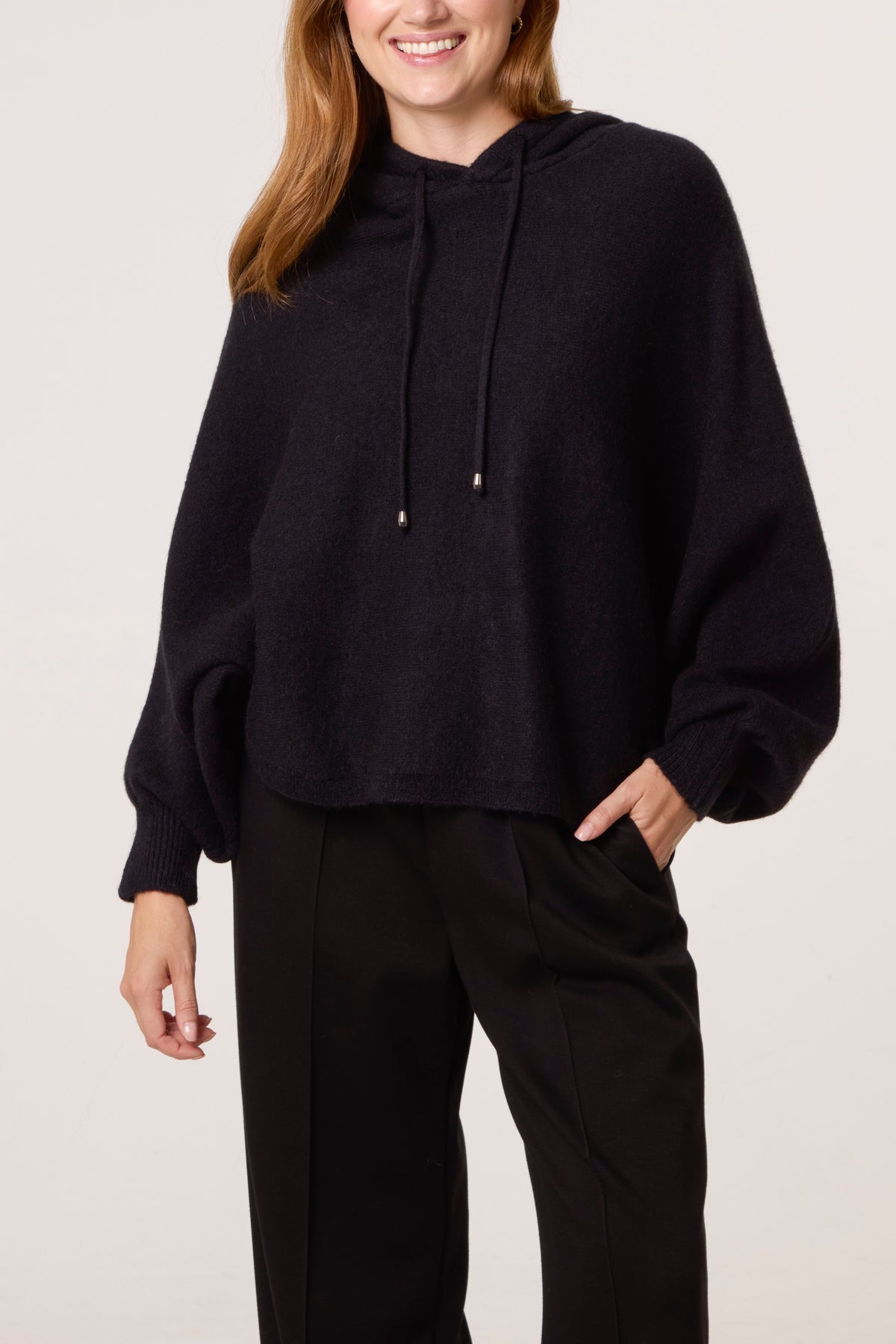 Puff Sleeve Boxy Knit Hoodie