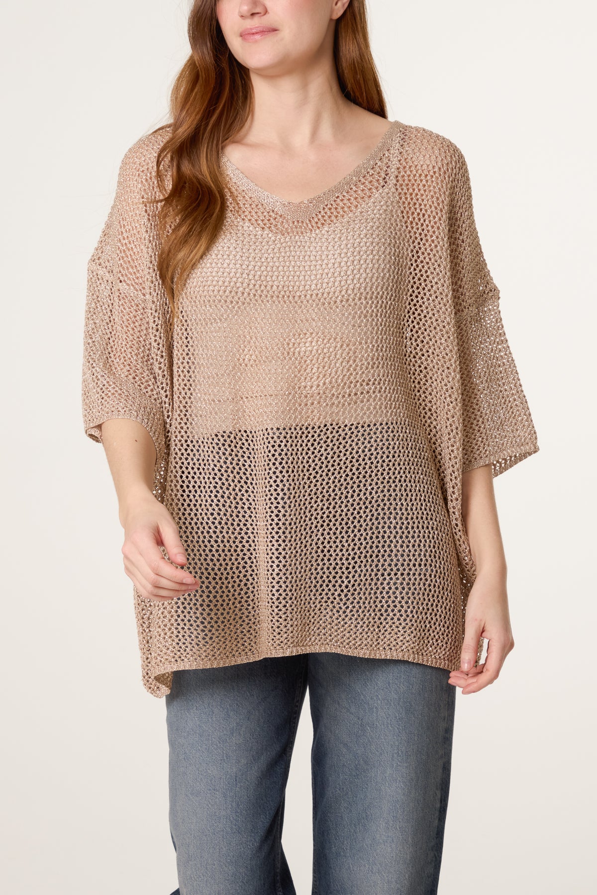Metallic V-Neck Net Top
