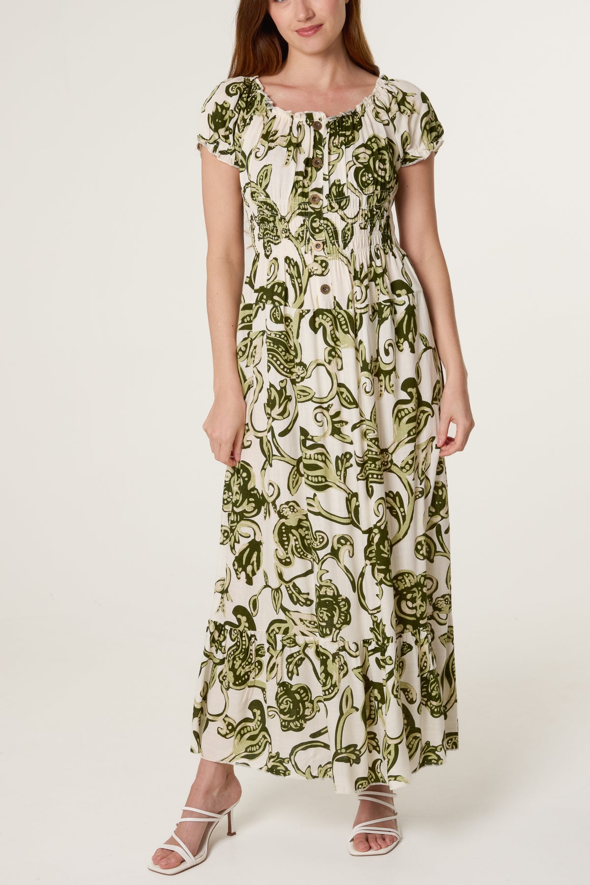 Flower & Vines Shirred Button Dress