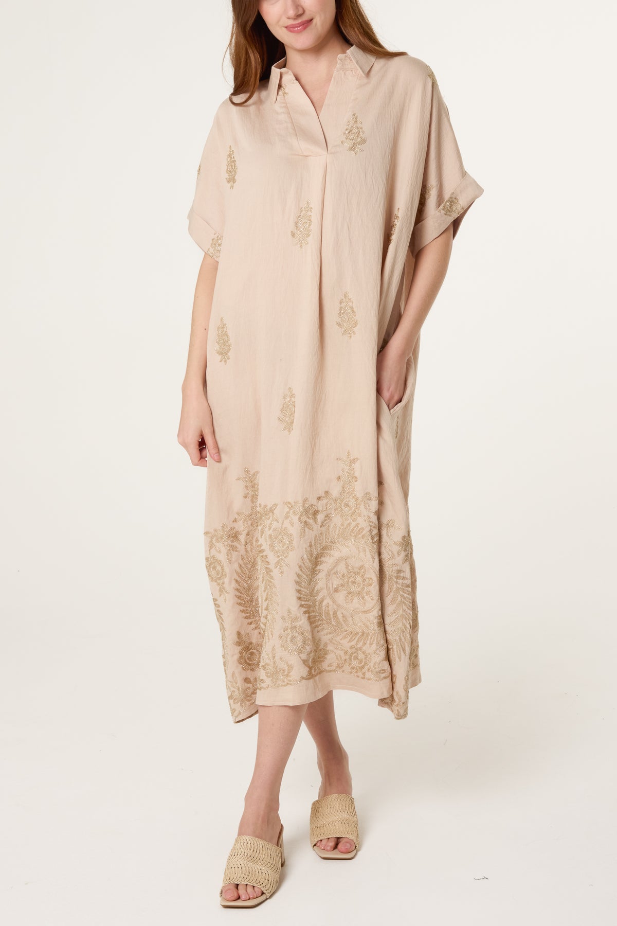 Embroidery Floral Open Collar Tunic Dress