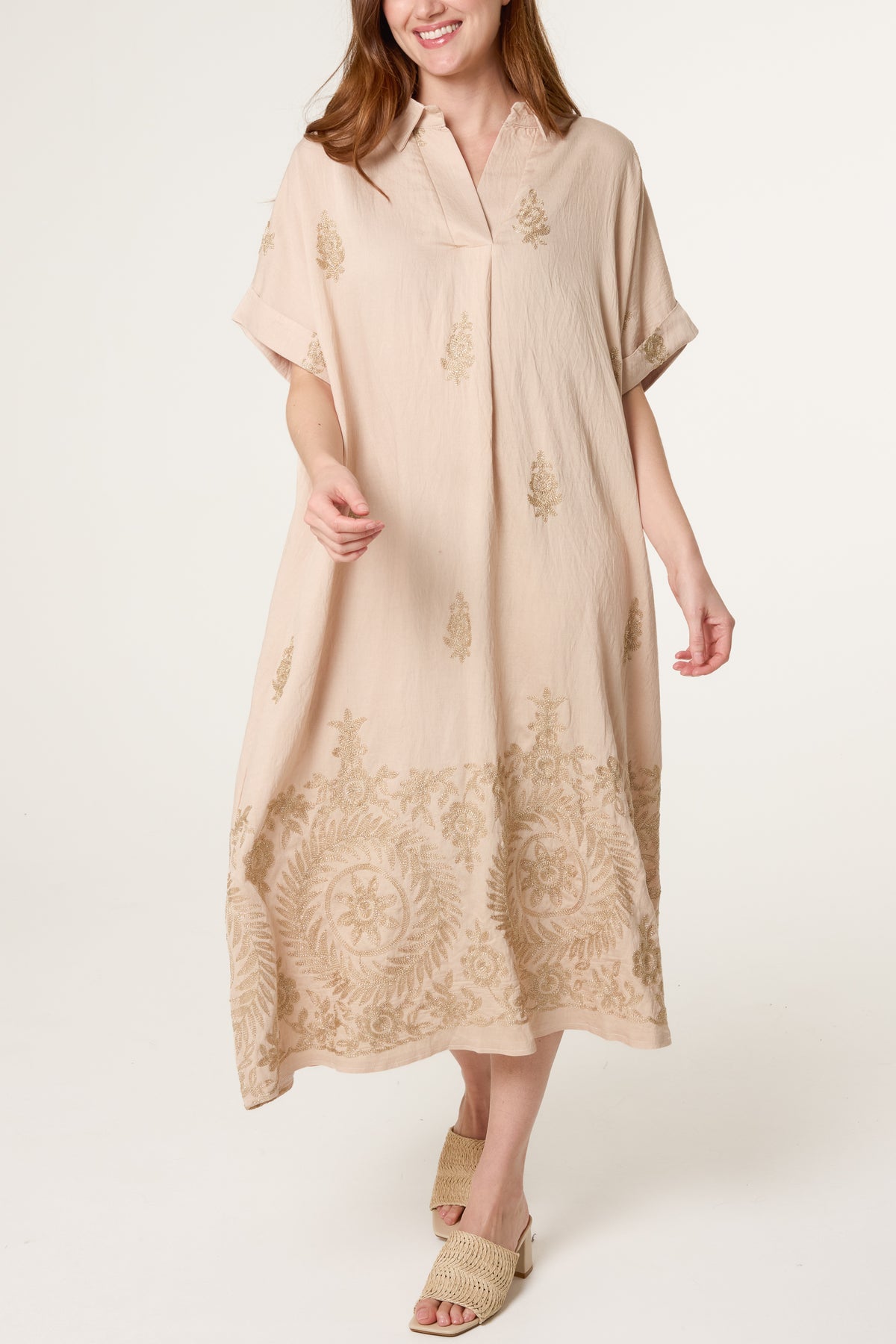 Embroidery Floral Open Collar Tunic Dress