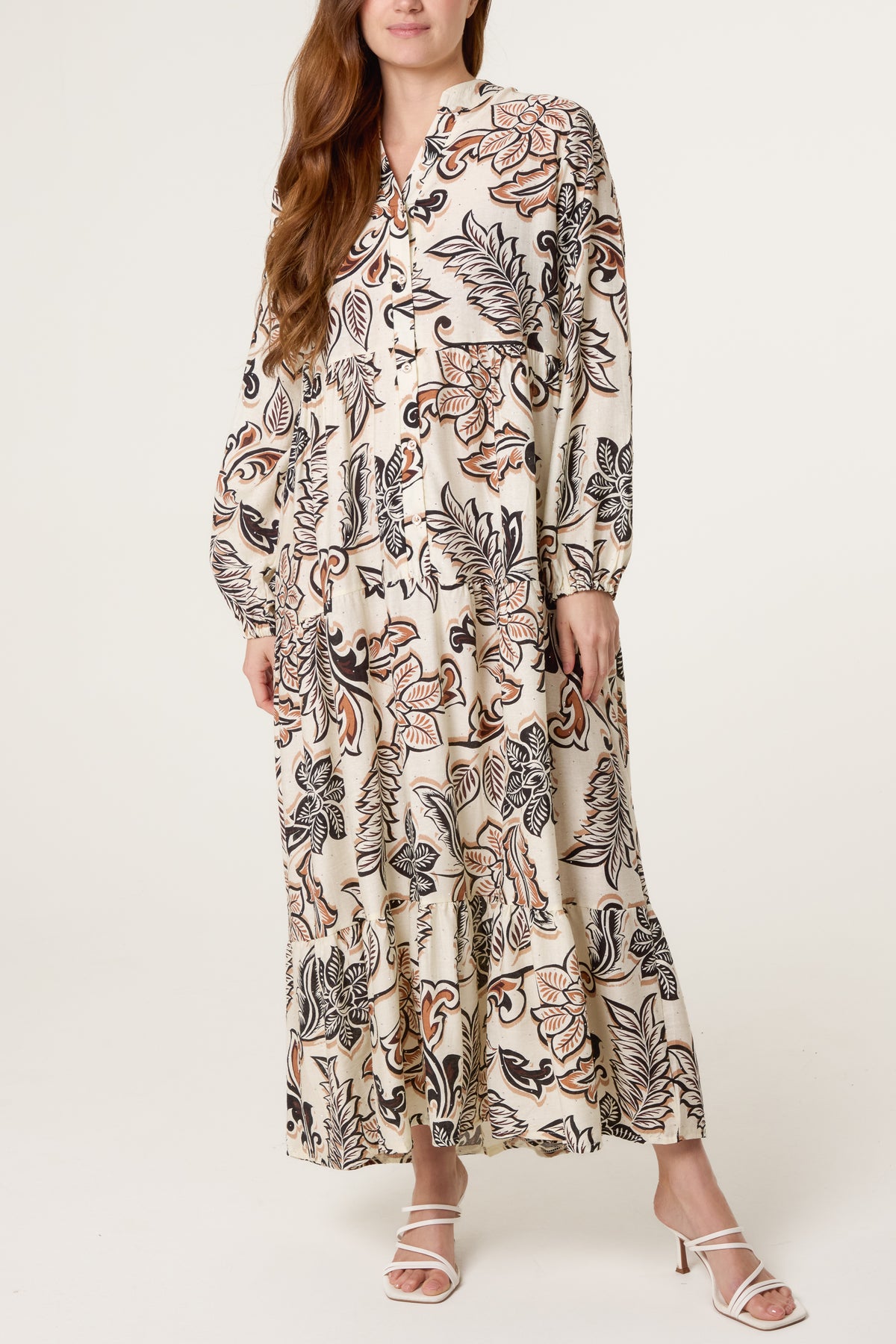 Flower Print Embellished Tiered Button Dress