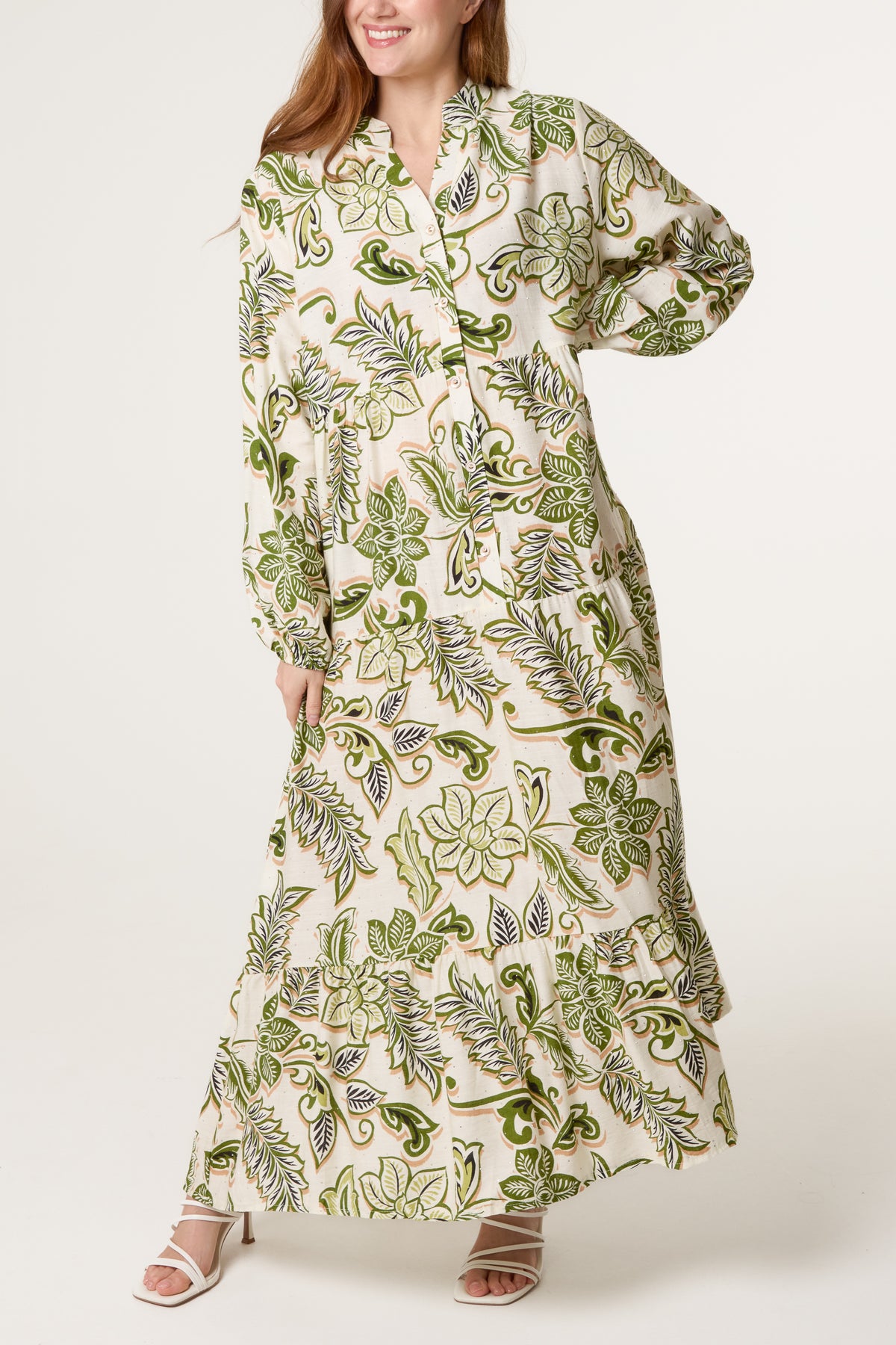 Flower Print Embellished Tiered Button Dress