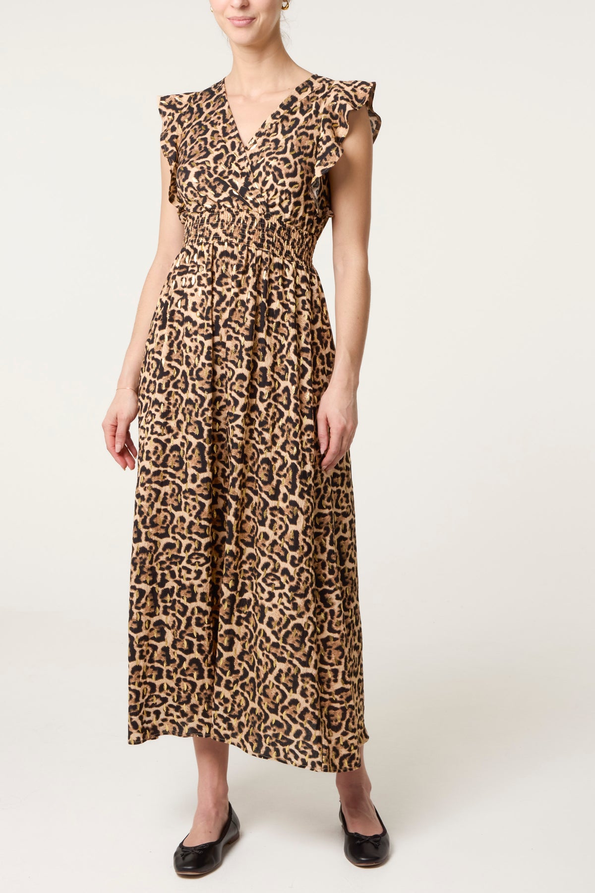 Leopard Print Shirred Flutter Sleeve Midi Dress