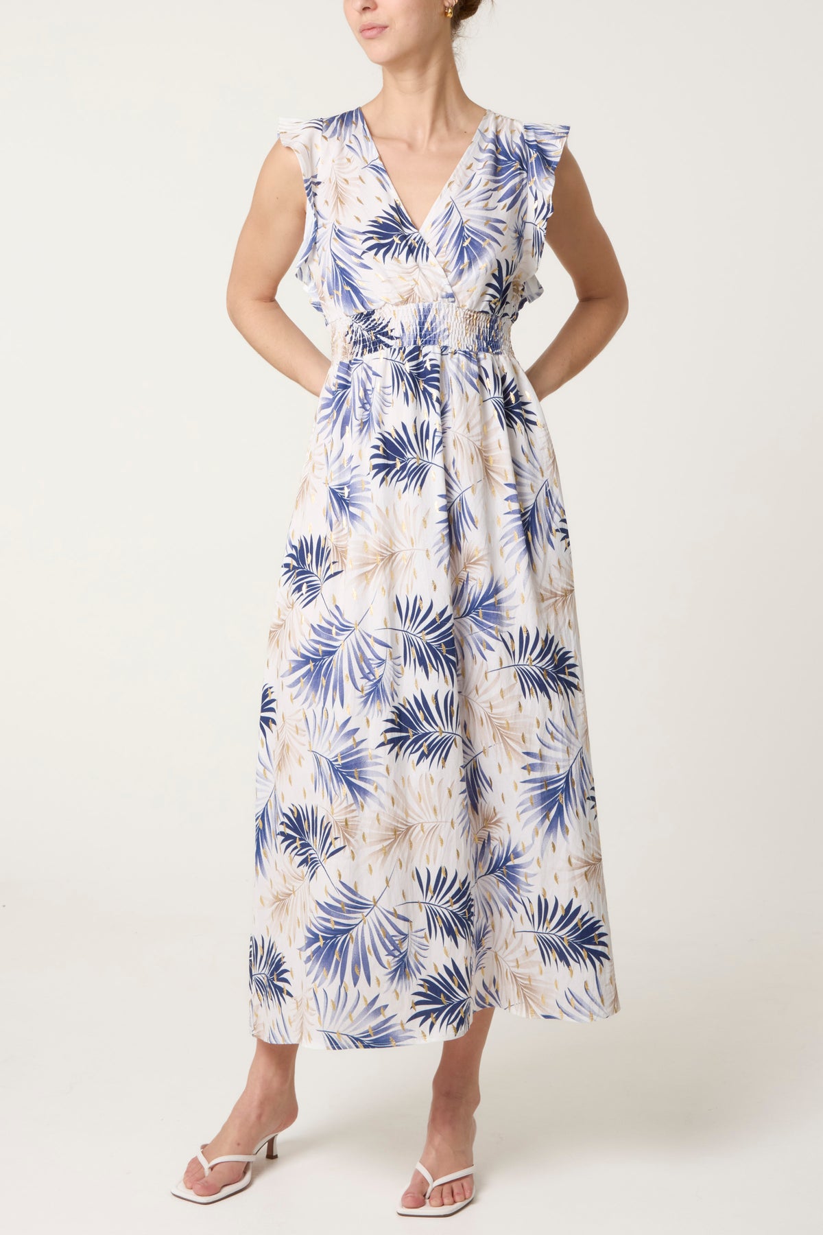 Metallic Detail Shirred Leaf Dress