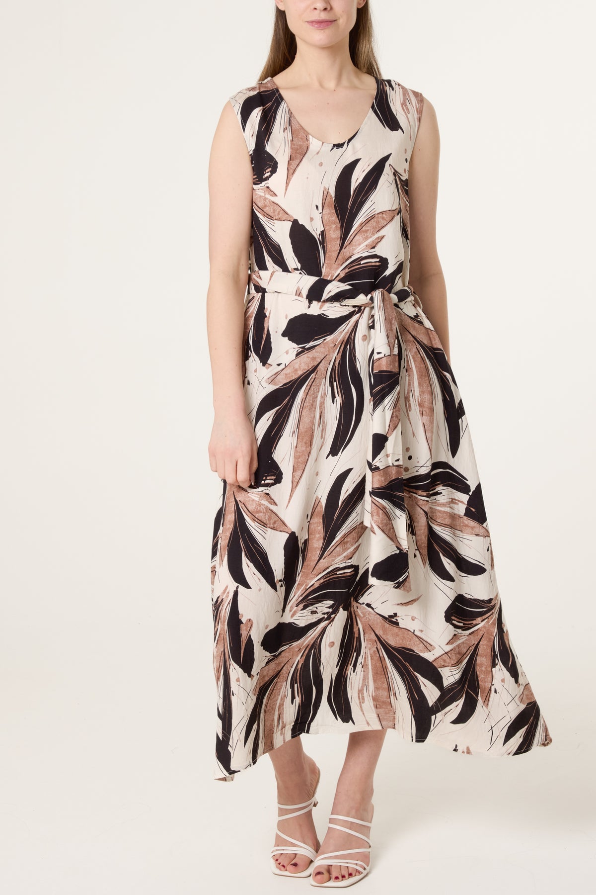 Abstract Leaf Tie Front Midi Dress