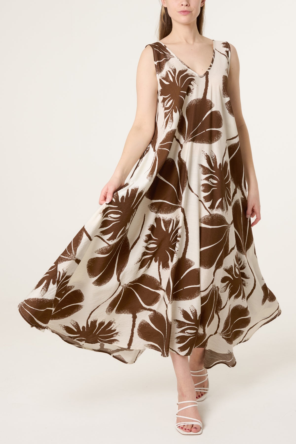 Flower & Leaf Print V-Neck Dress