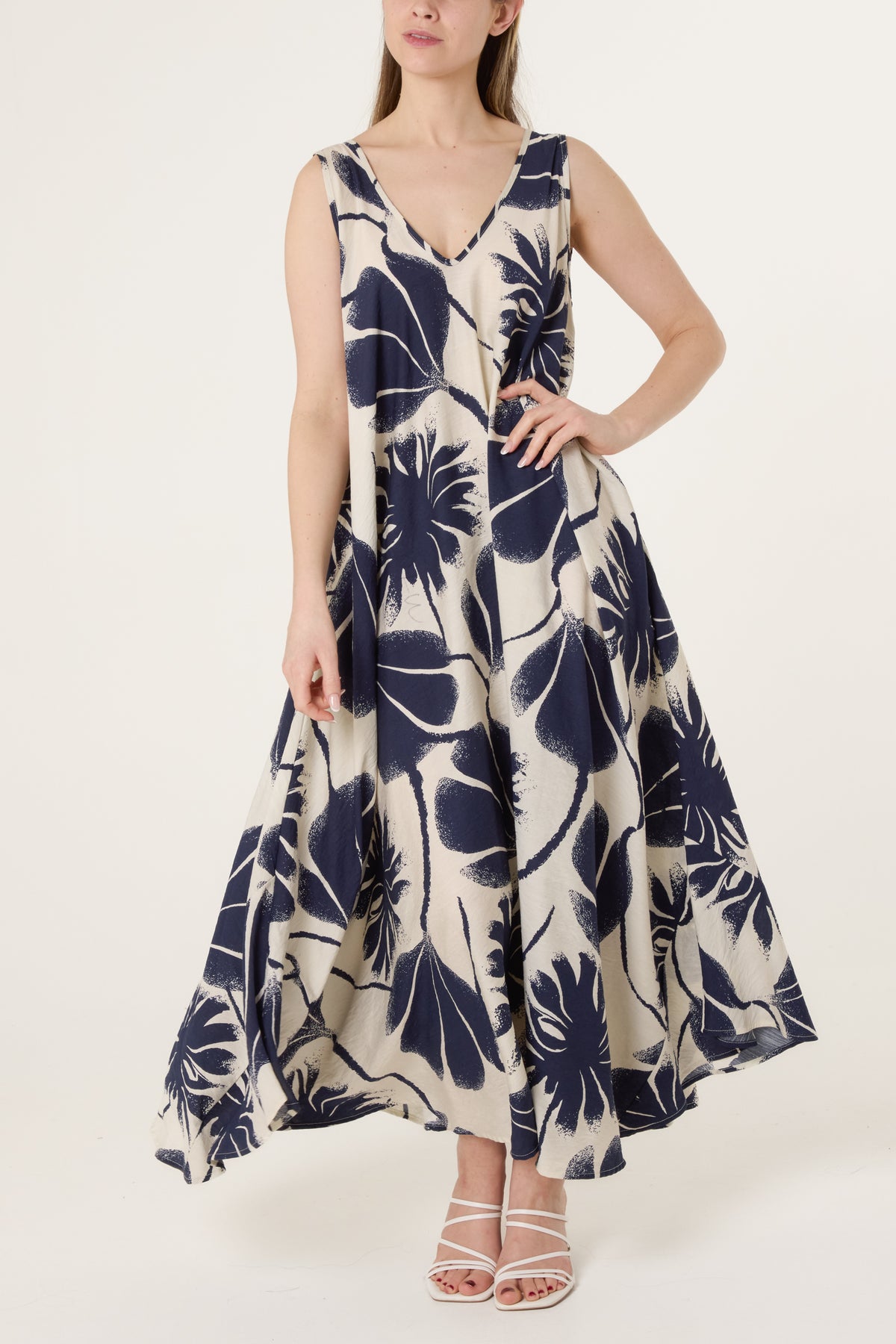 Flower & Leaf Print V-Neck Dress