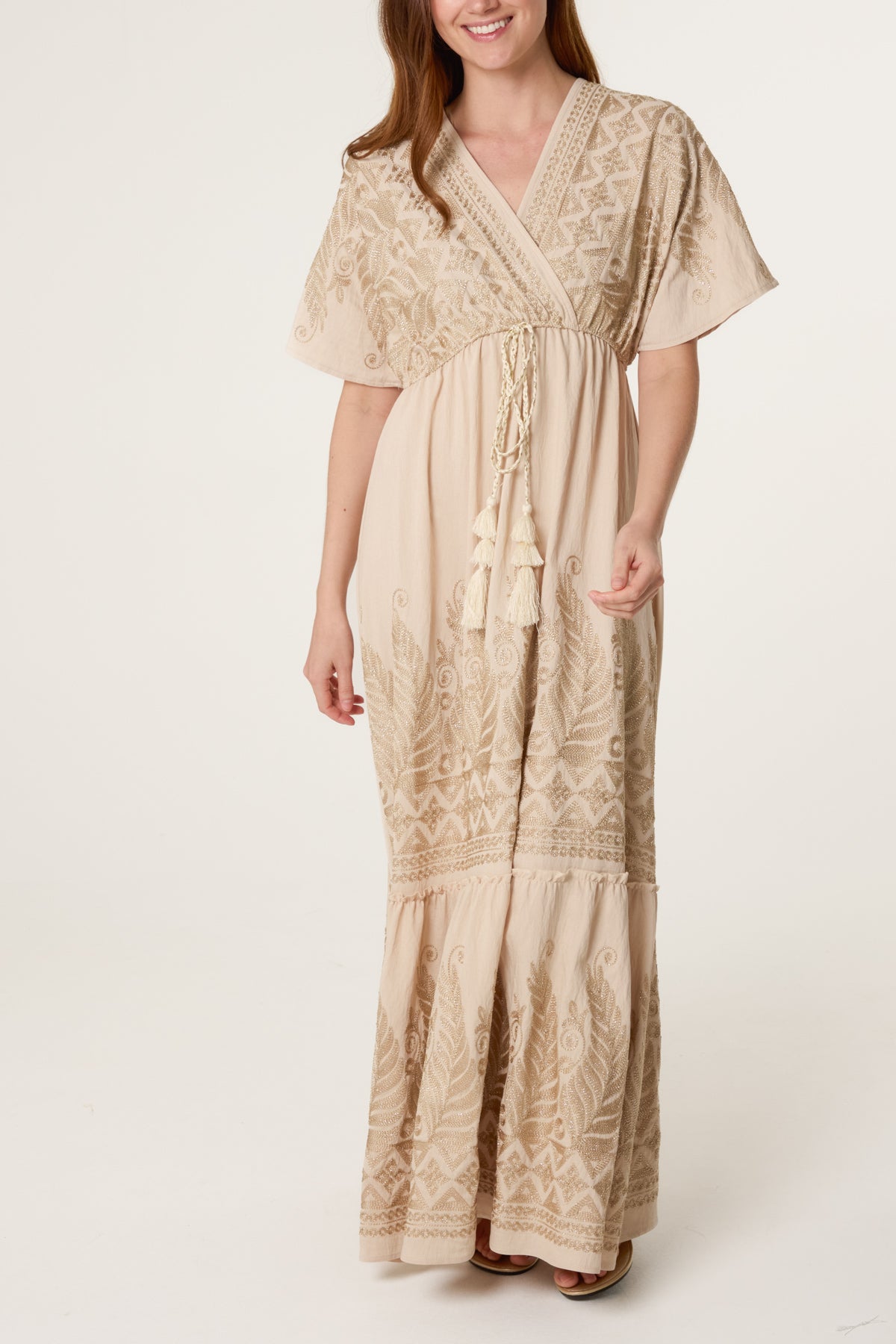 Leaf Embroidery Tassel Maxi Dress