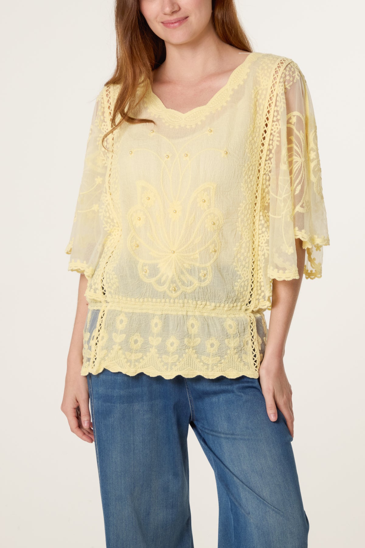 Lace Embroidered Pearls Butterfly Sleeve Blouse