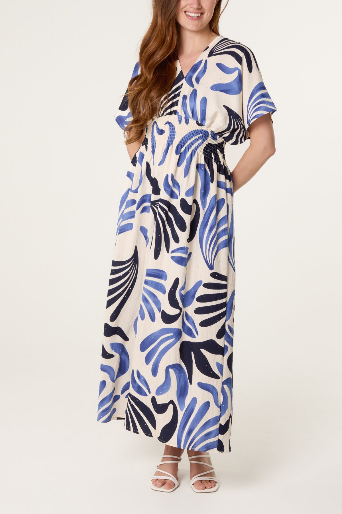 Abstract Leaf Print Embellished Dress