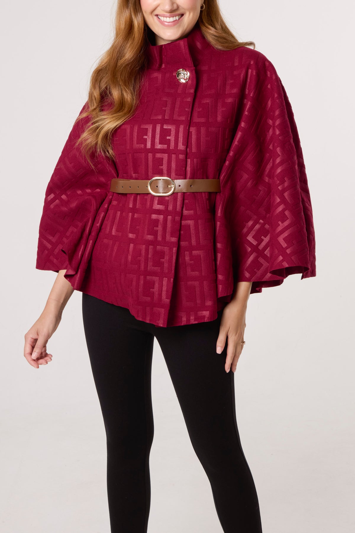 Printed High Neck Belted Cape