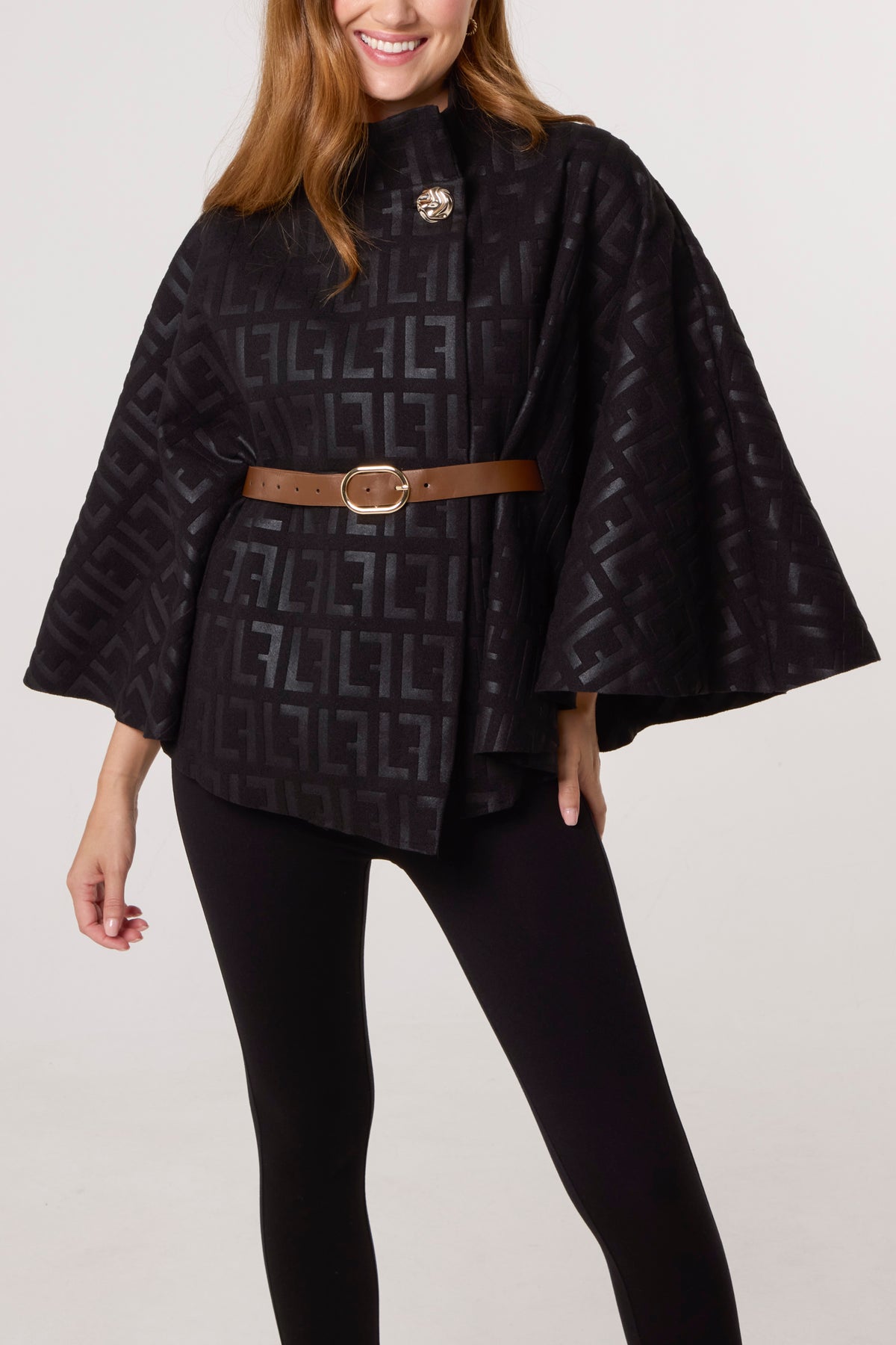 Printed High Neck Belted Cape