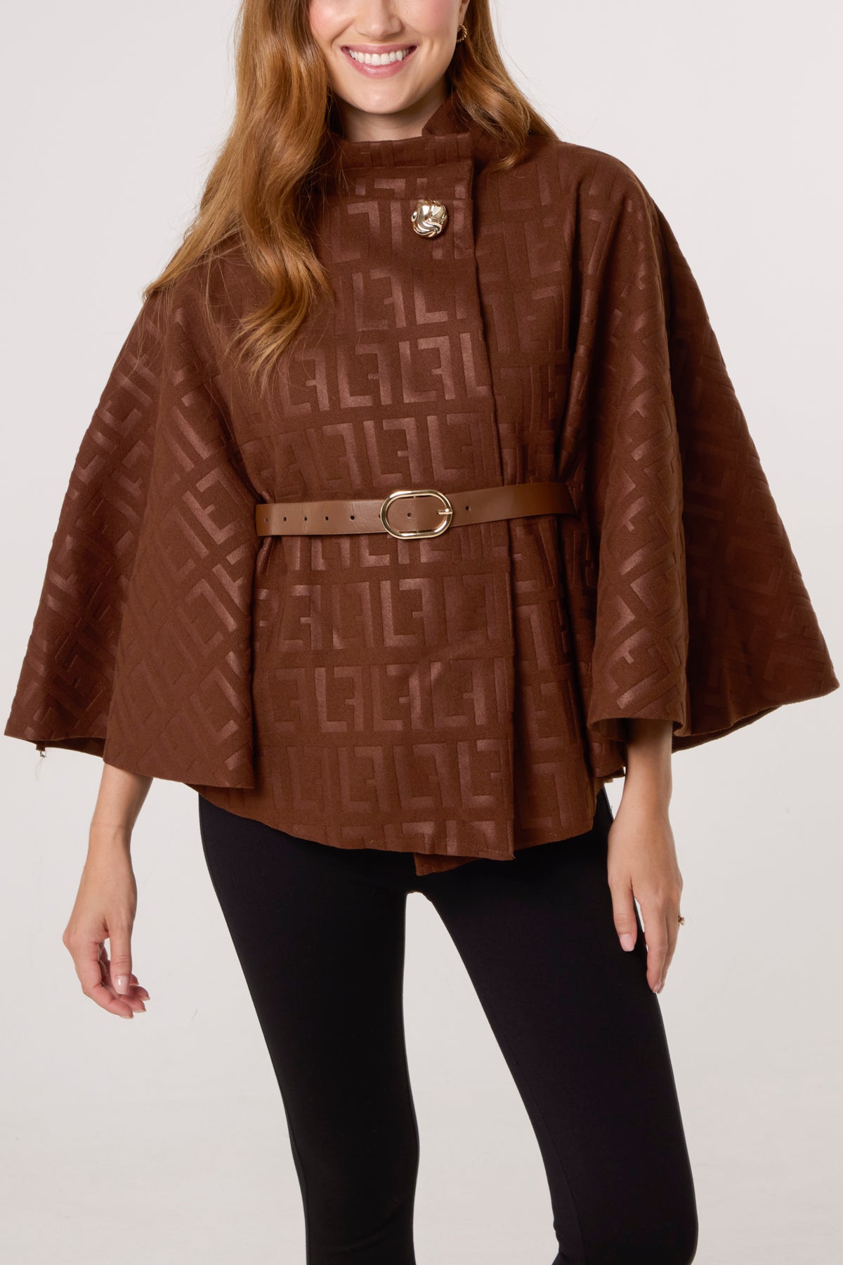 Printed High Neck Belted Cape