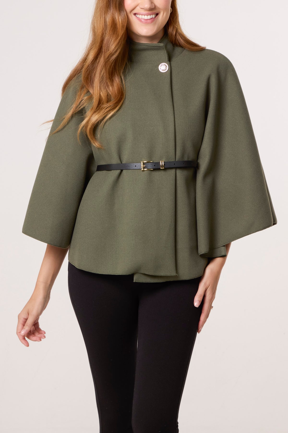 Gold Button High Neck Belted Cape