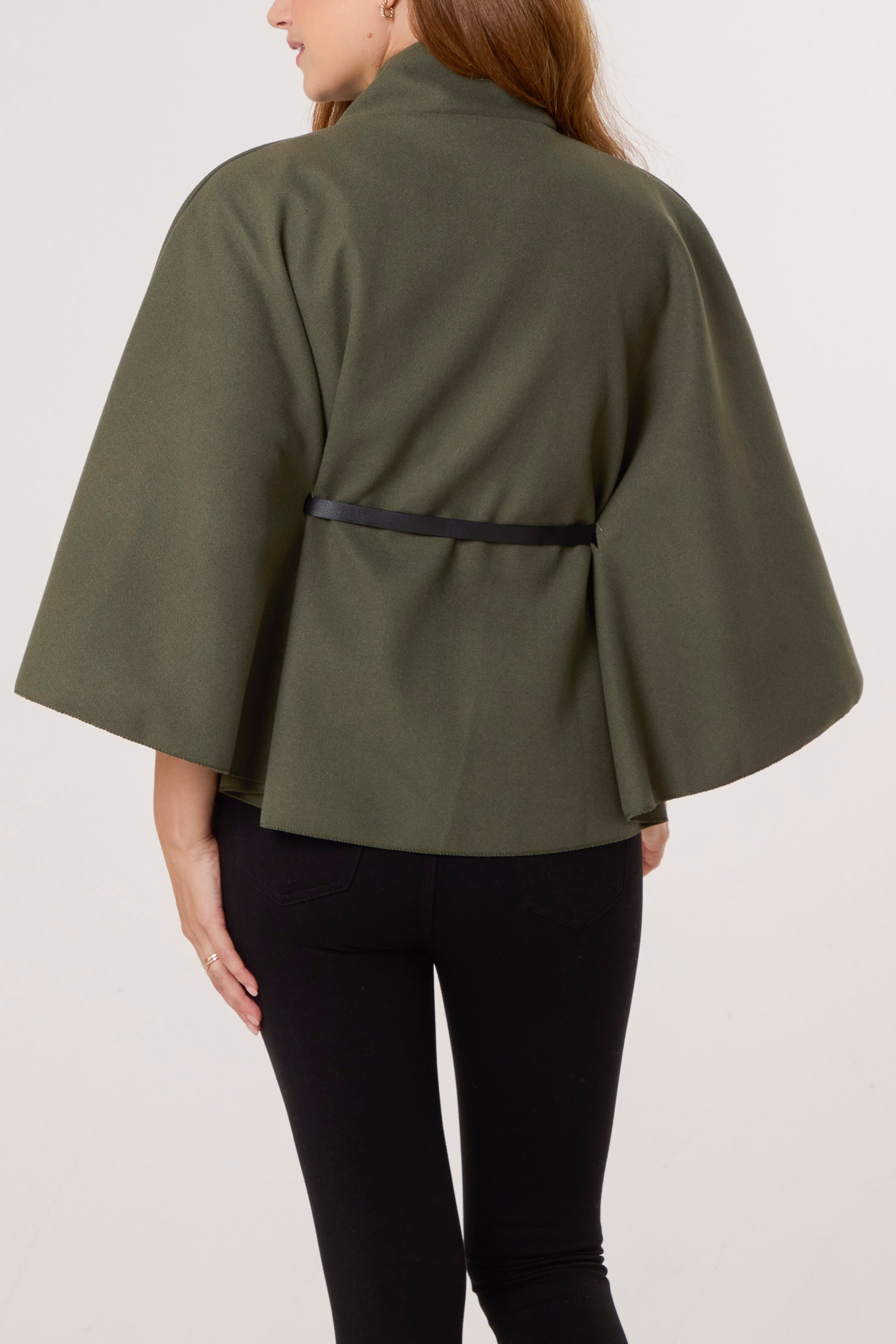 Gold Button High Neck Belted Cape