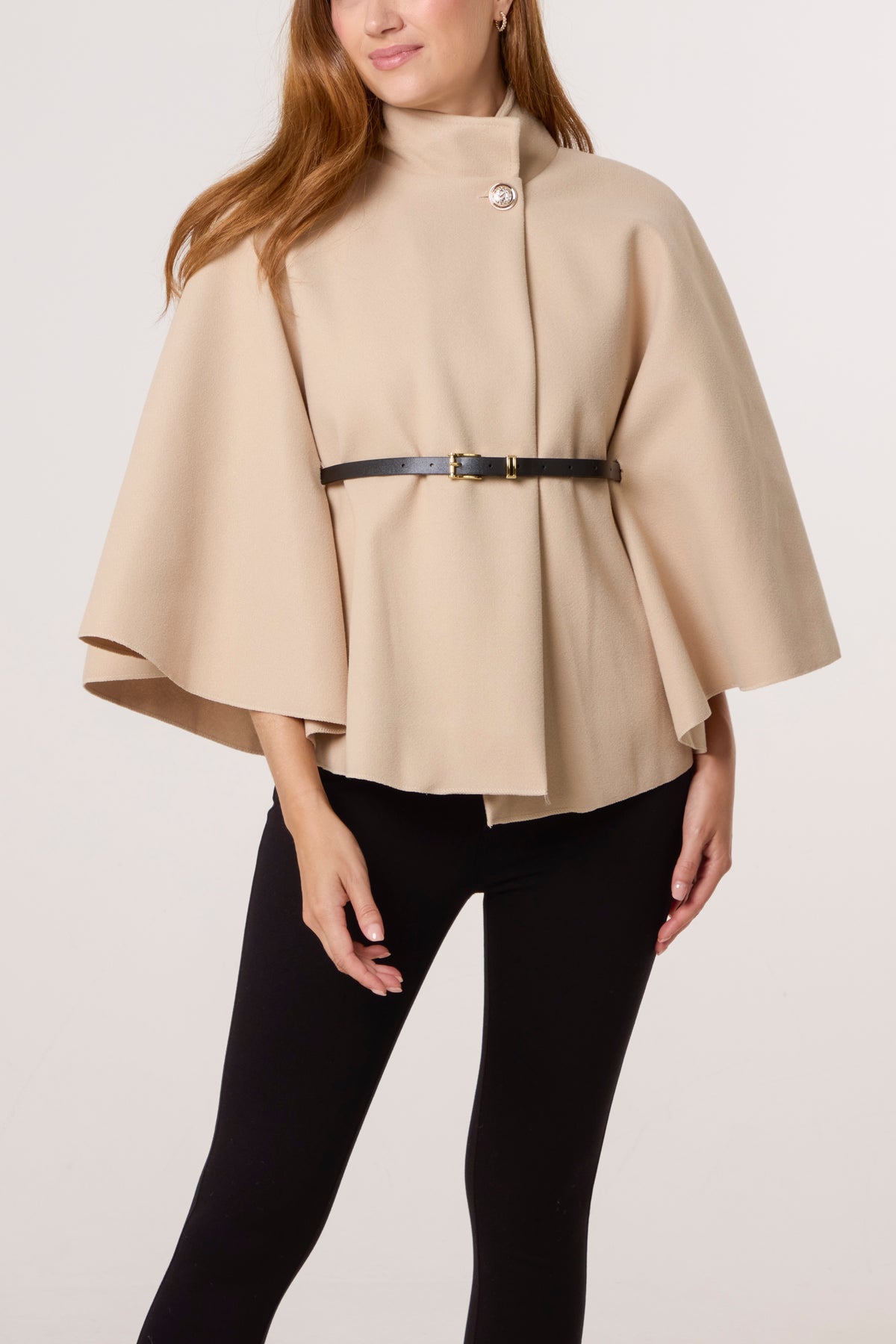 Gold Button High Neck Belted Cape