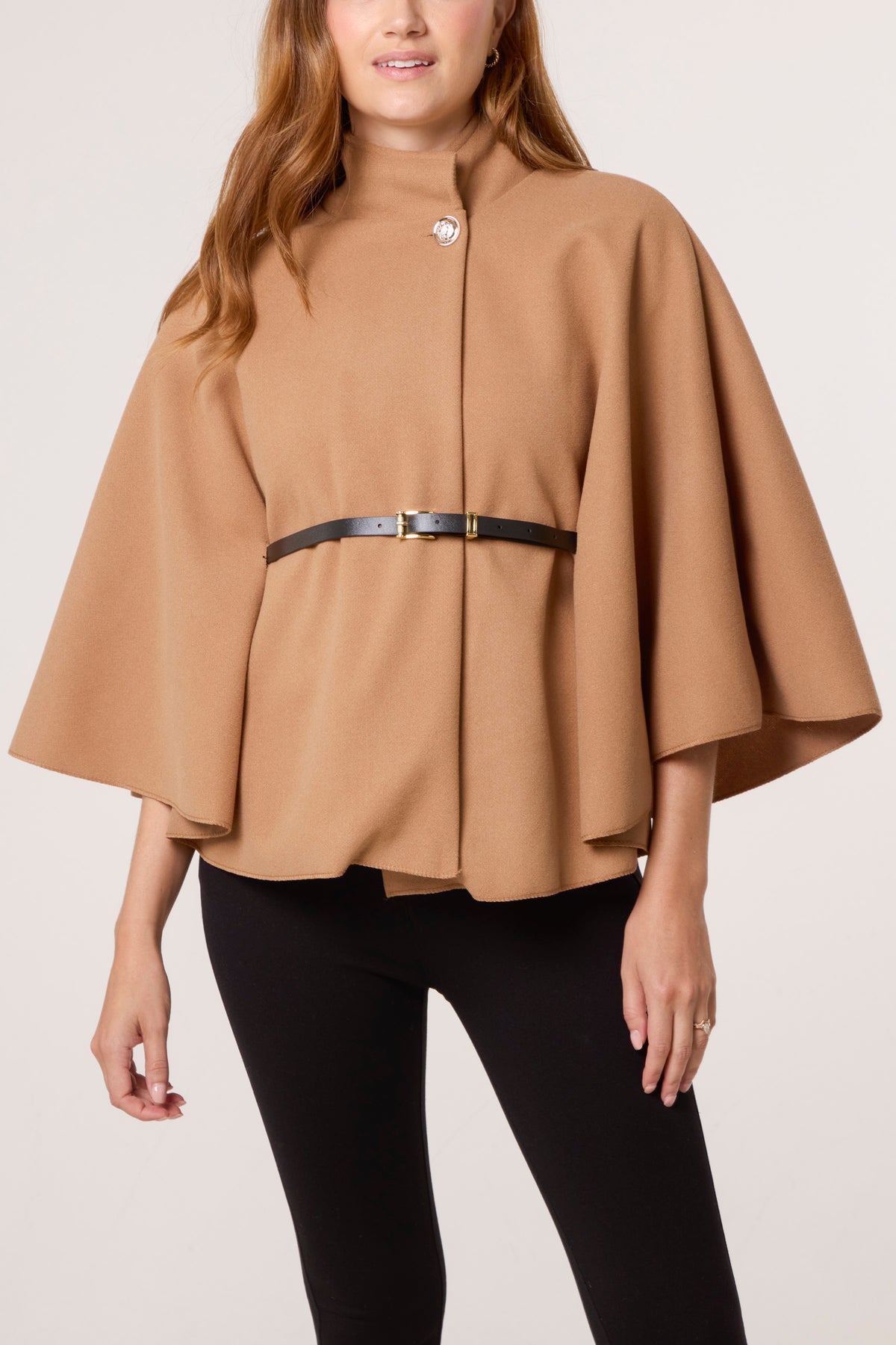 Gold Button High Neck Belted Cape