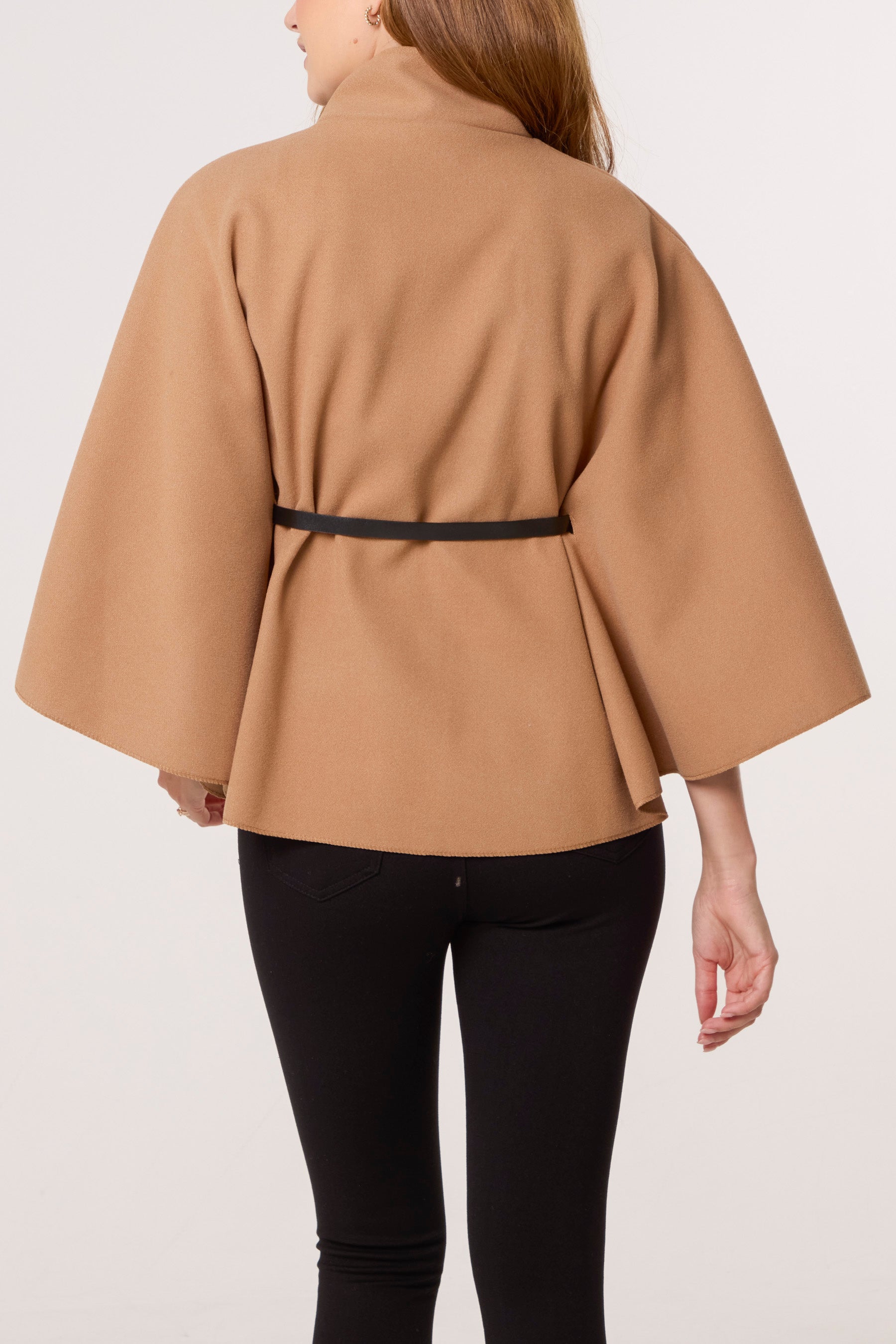 Gold Button High Neck Belted Cape