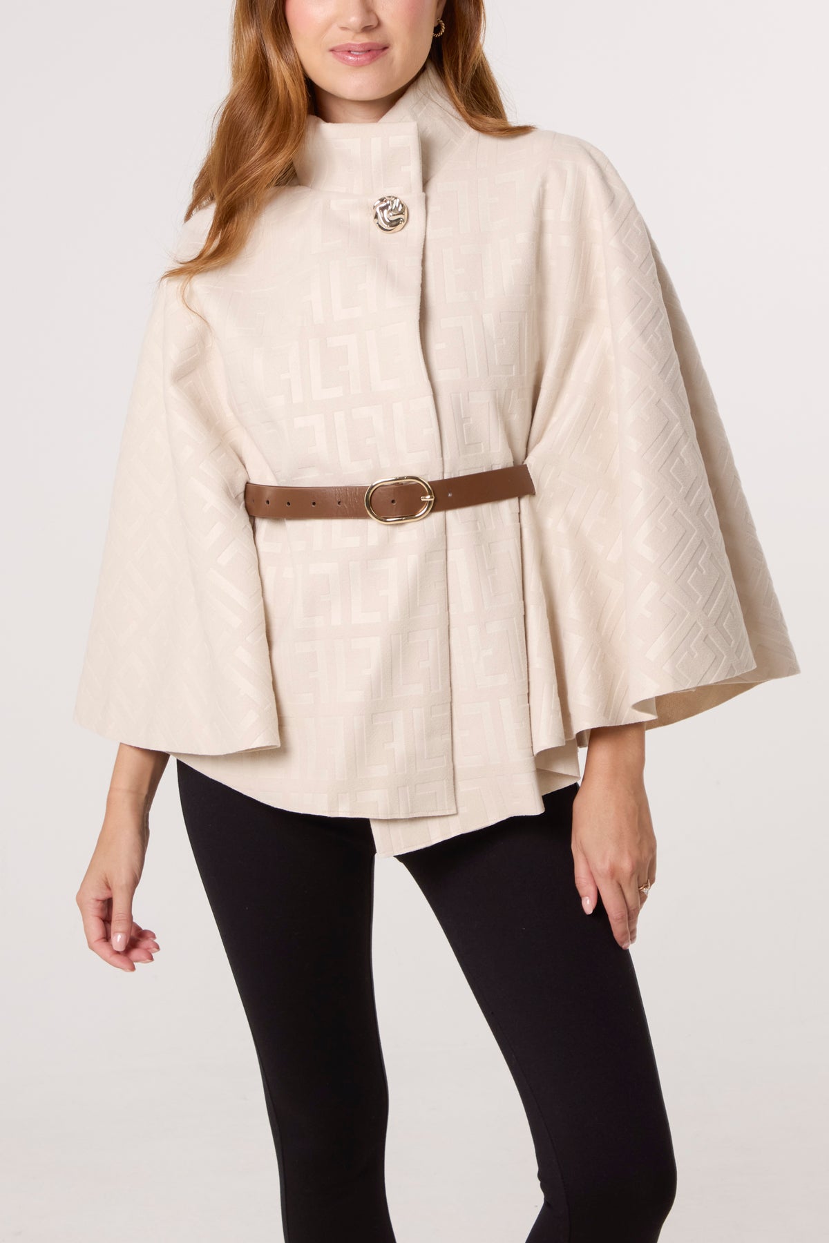 Printed High Neck Belted Cape