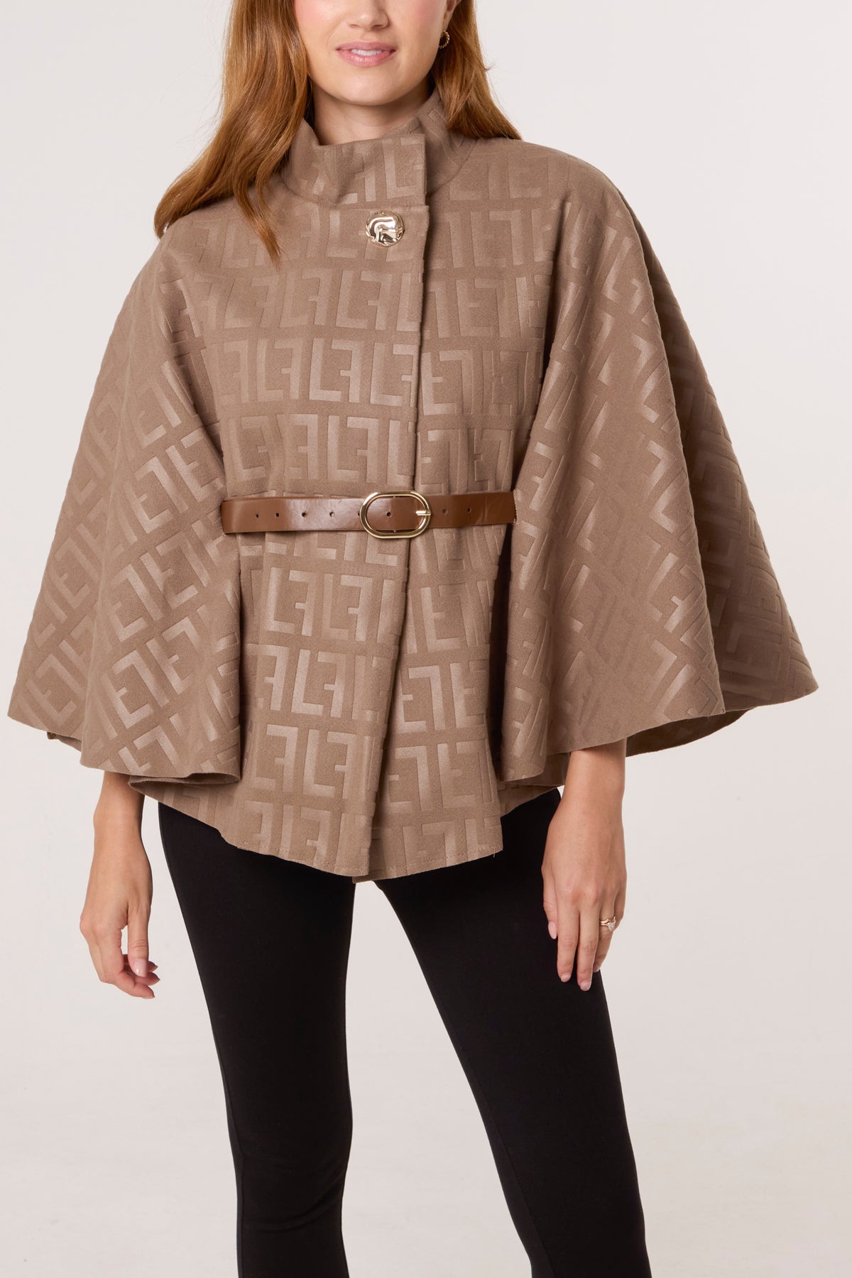 Printed High Neck Belted Cape