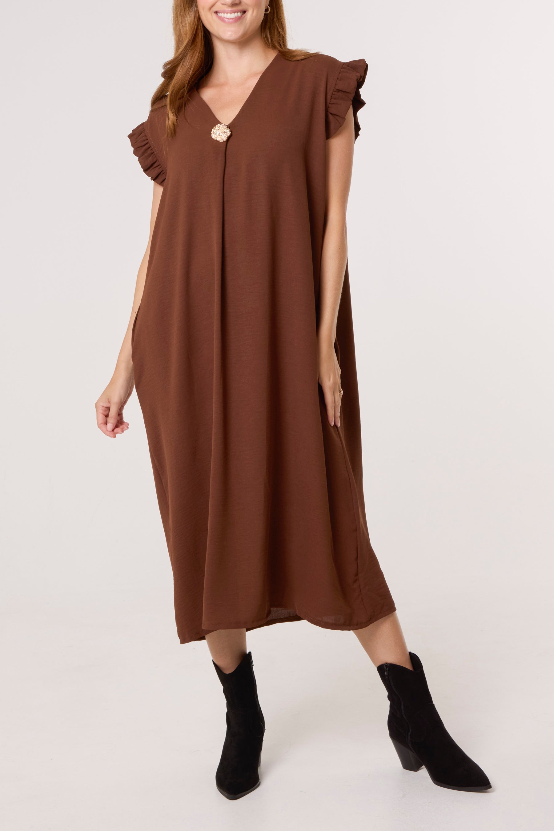 Frill Sleeve Pockets Midi Dress