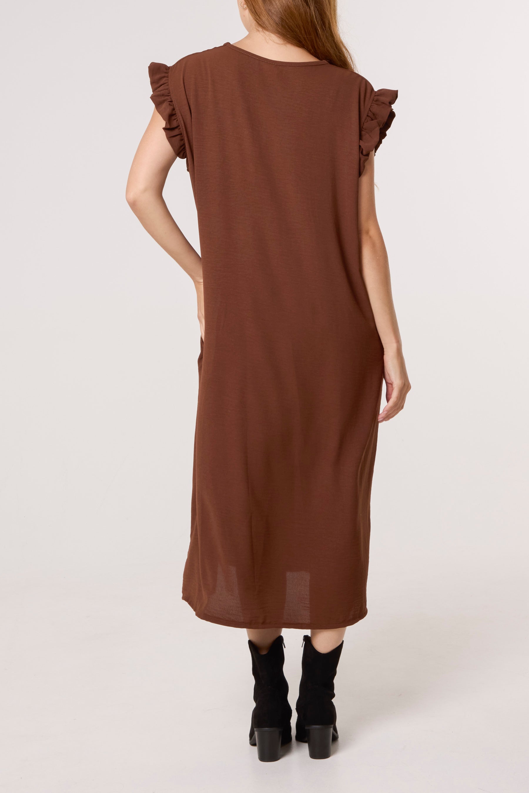 Frill Sleeve Pockets Midi Dress