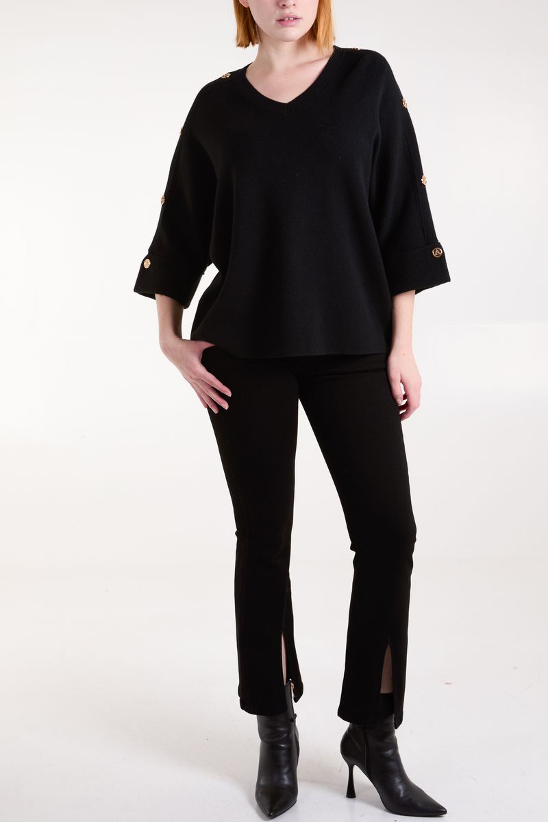 V Neck Button Sleeve Jumper