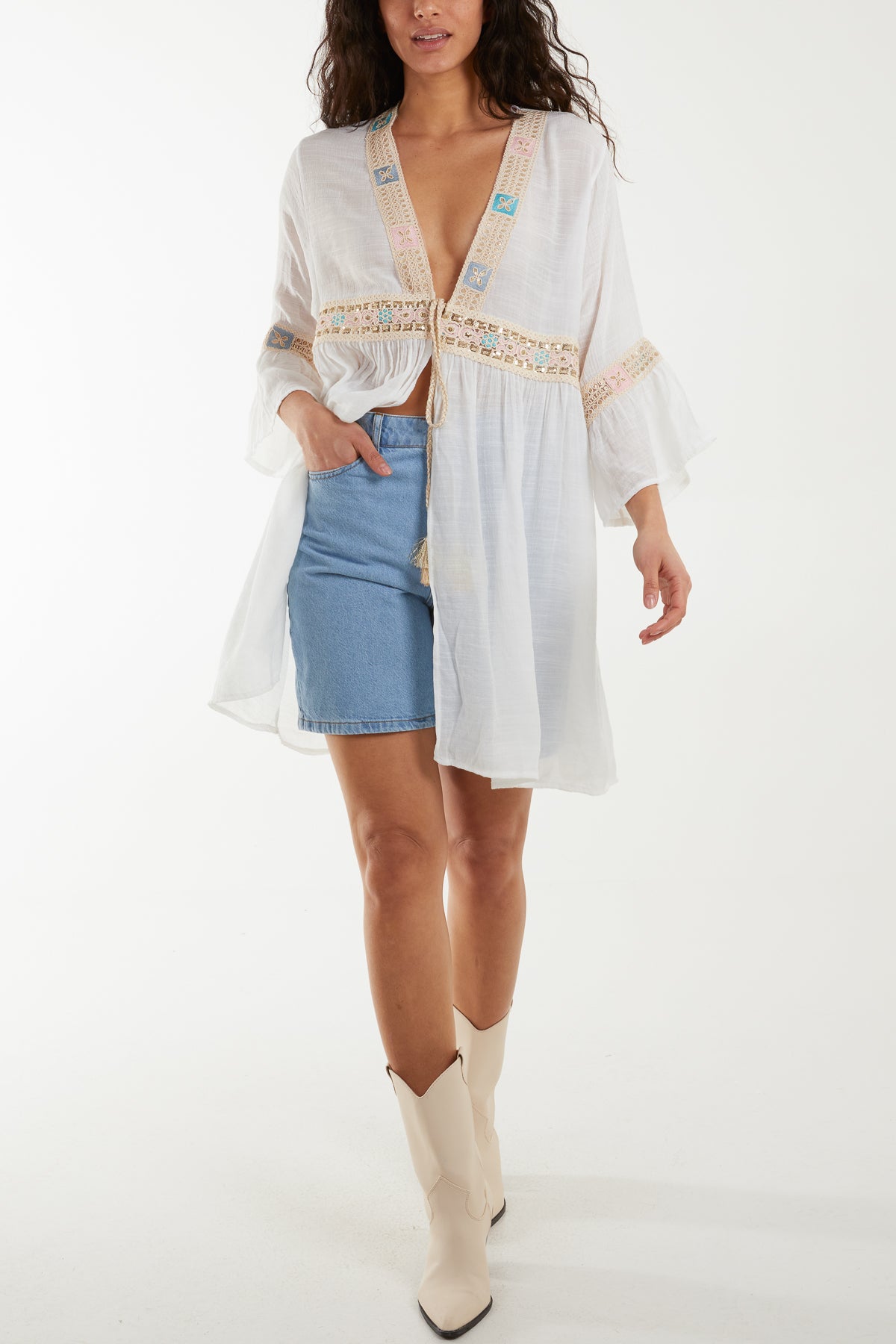 Embroidery & Tassel Linen Tie Kimono