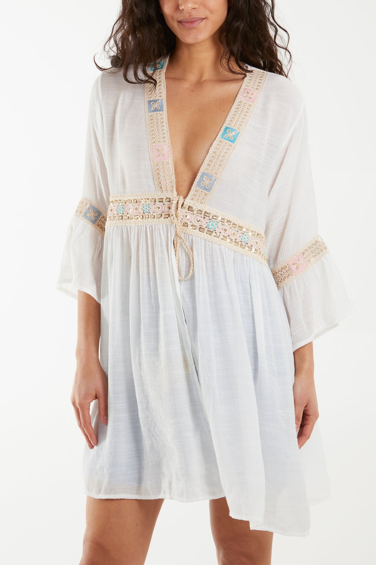 Embroidery & Tassel Cotton Tie Kimono