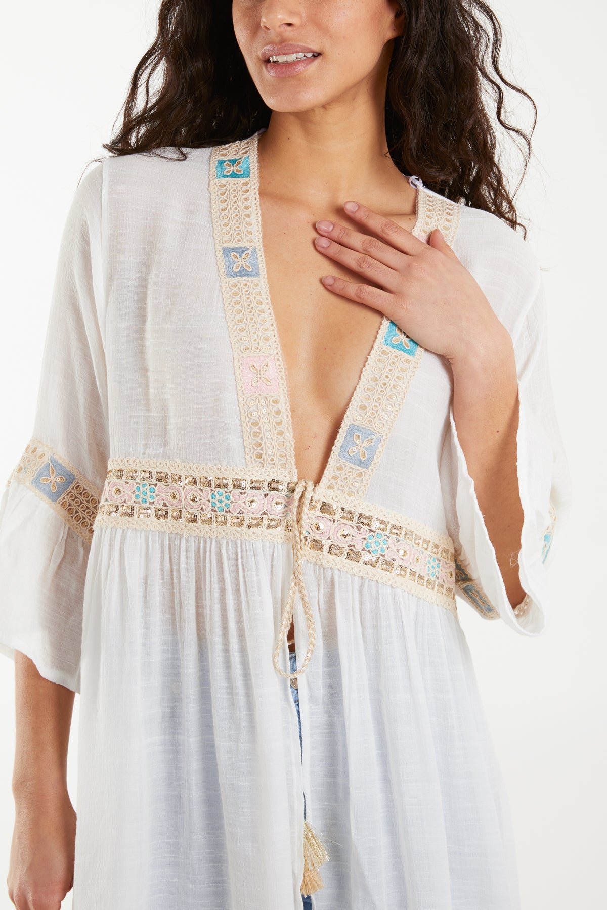 Embroidery & Tassel Linen Tie Kimono