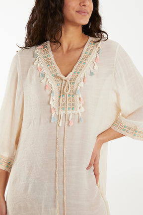 Crochet Tassel Lightweight Linen Tunic Dress