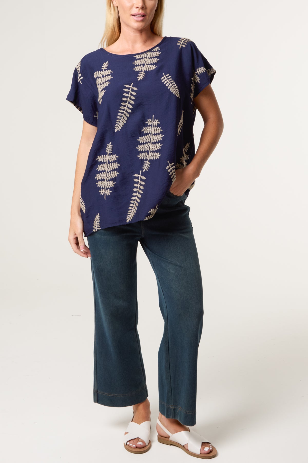 Embroidered Leaf Round Neck Top