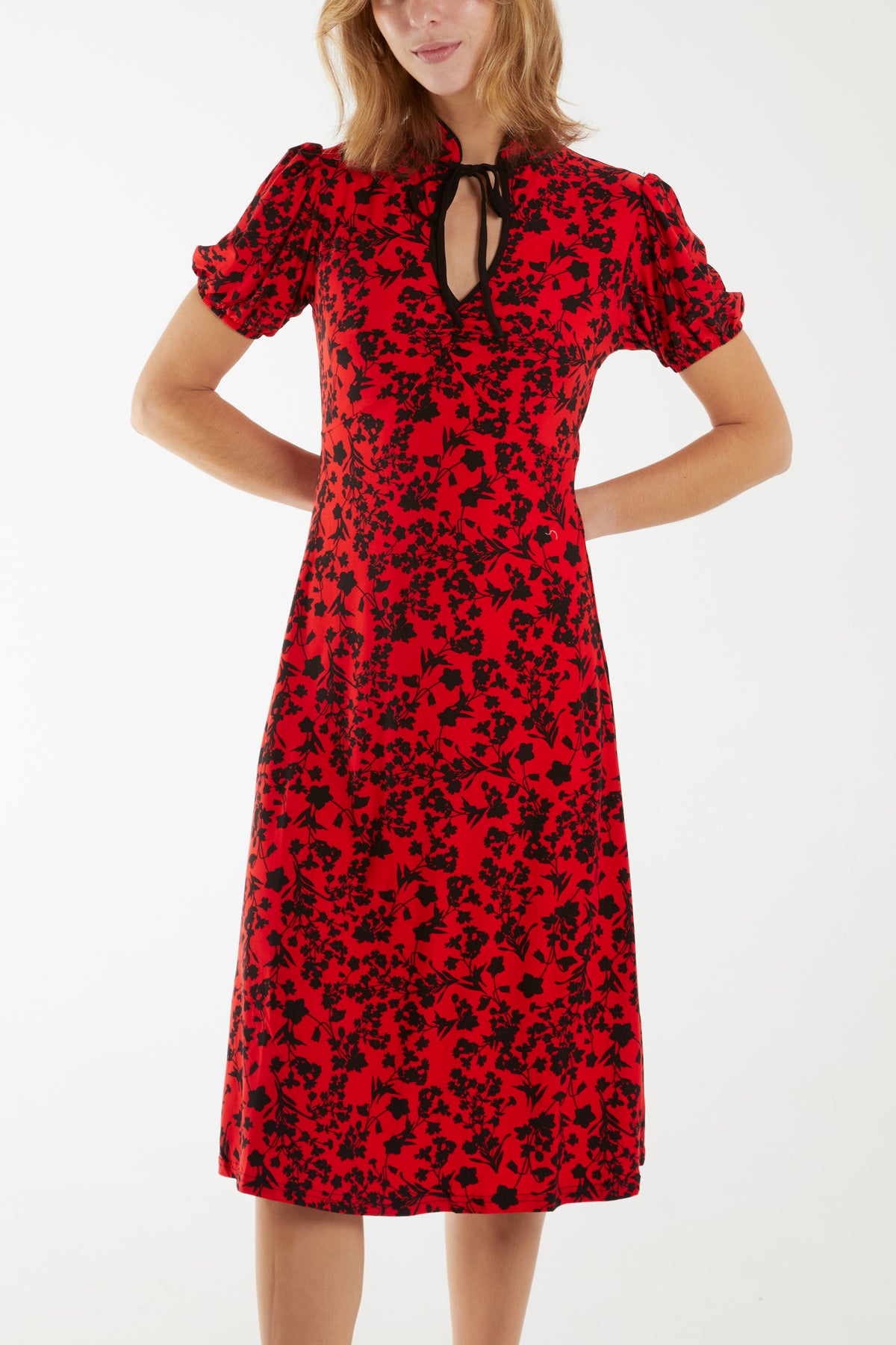 Reverse Keyhole Fit & Flare Midi Stretch Dress