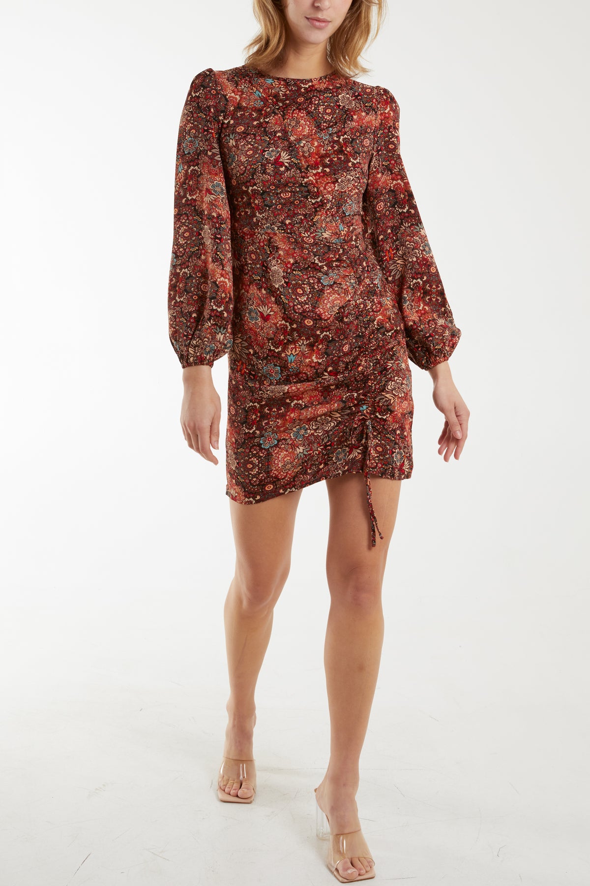 Paisley Print Bell Sleeve Ruched Mini Dress