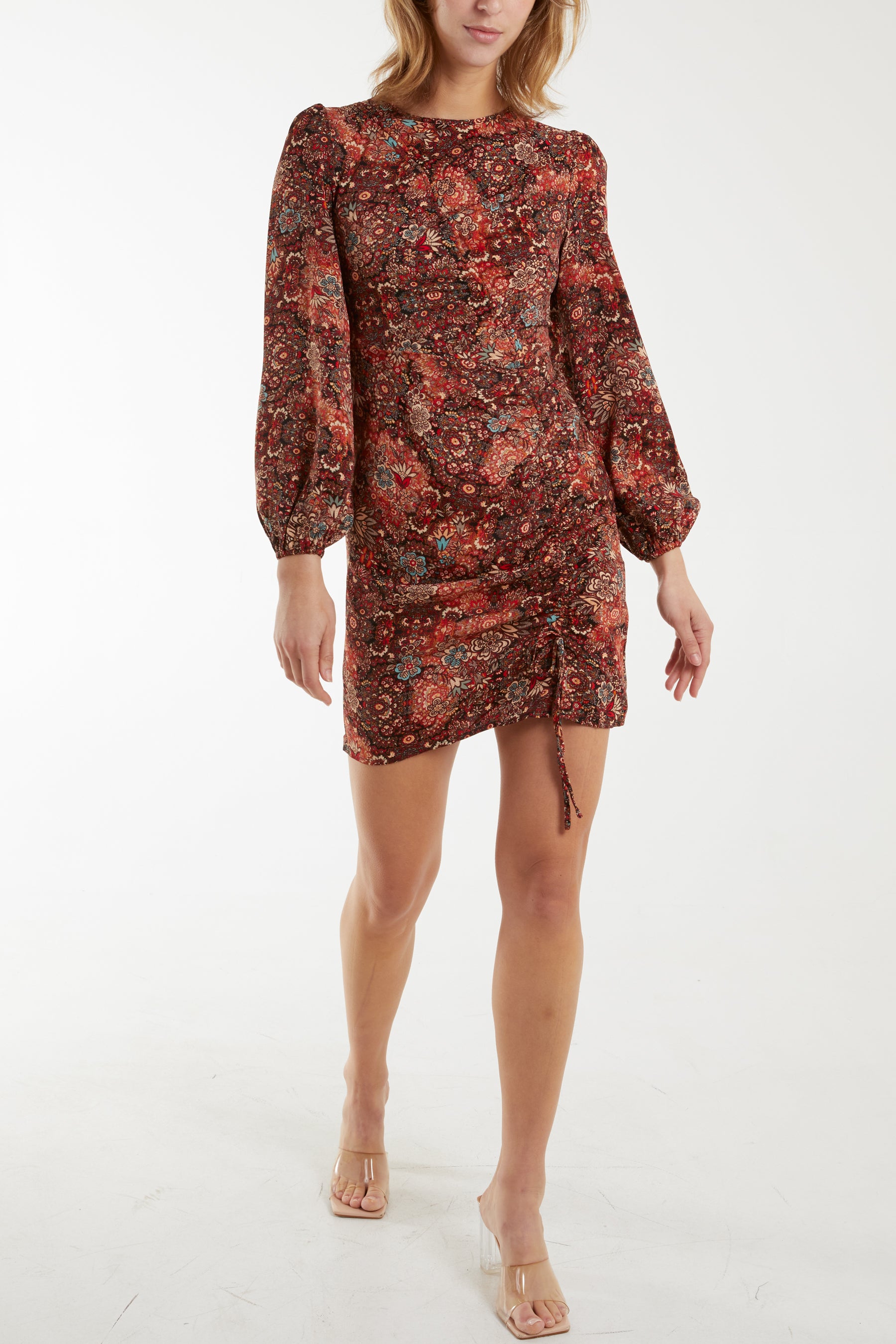 Paisley Print Bell Sleeve Ruched Mini Dress