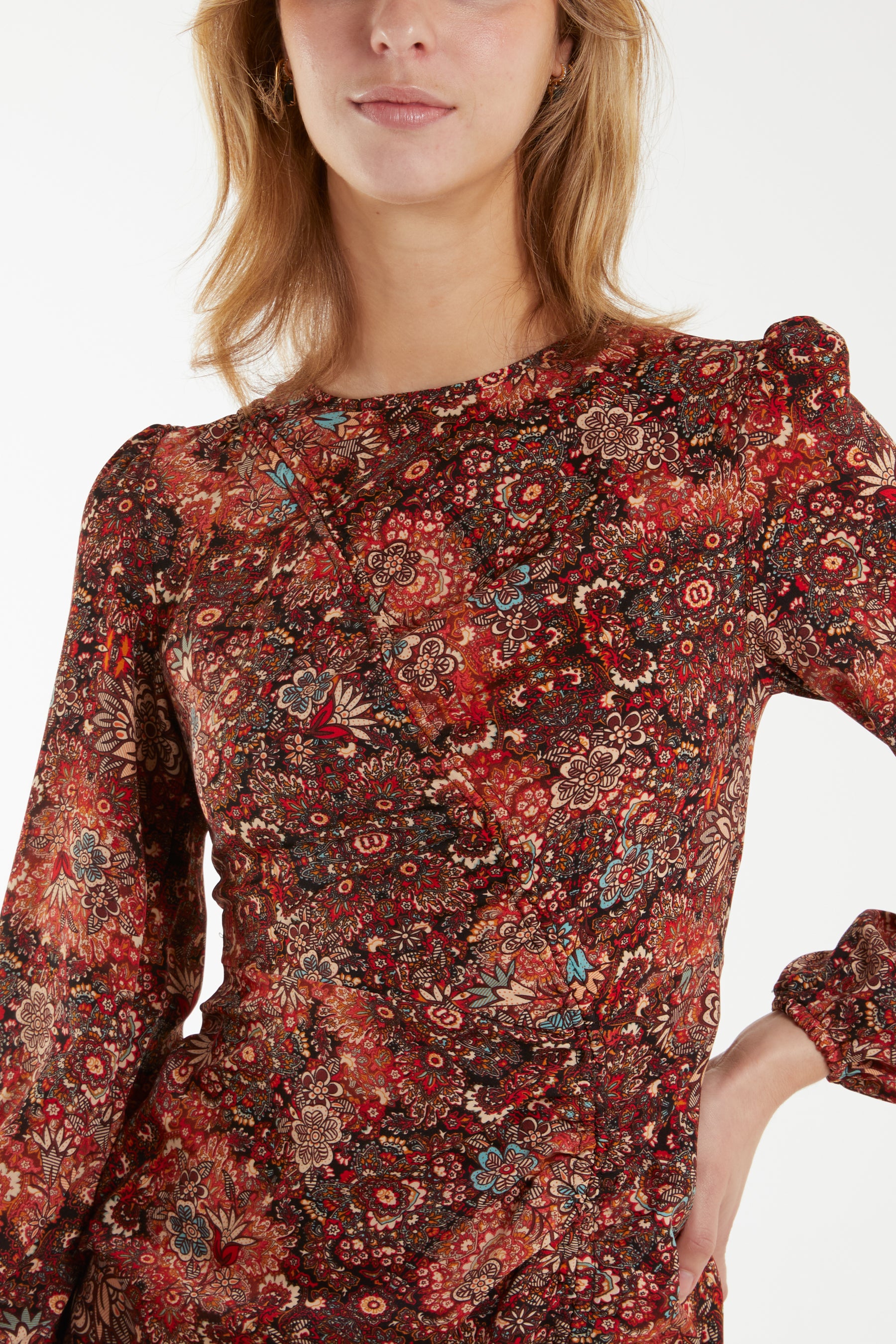 Paisley Print Bell Sleeve Ruched Mini Dress