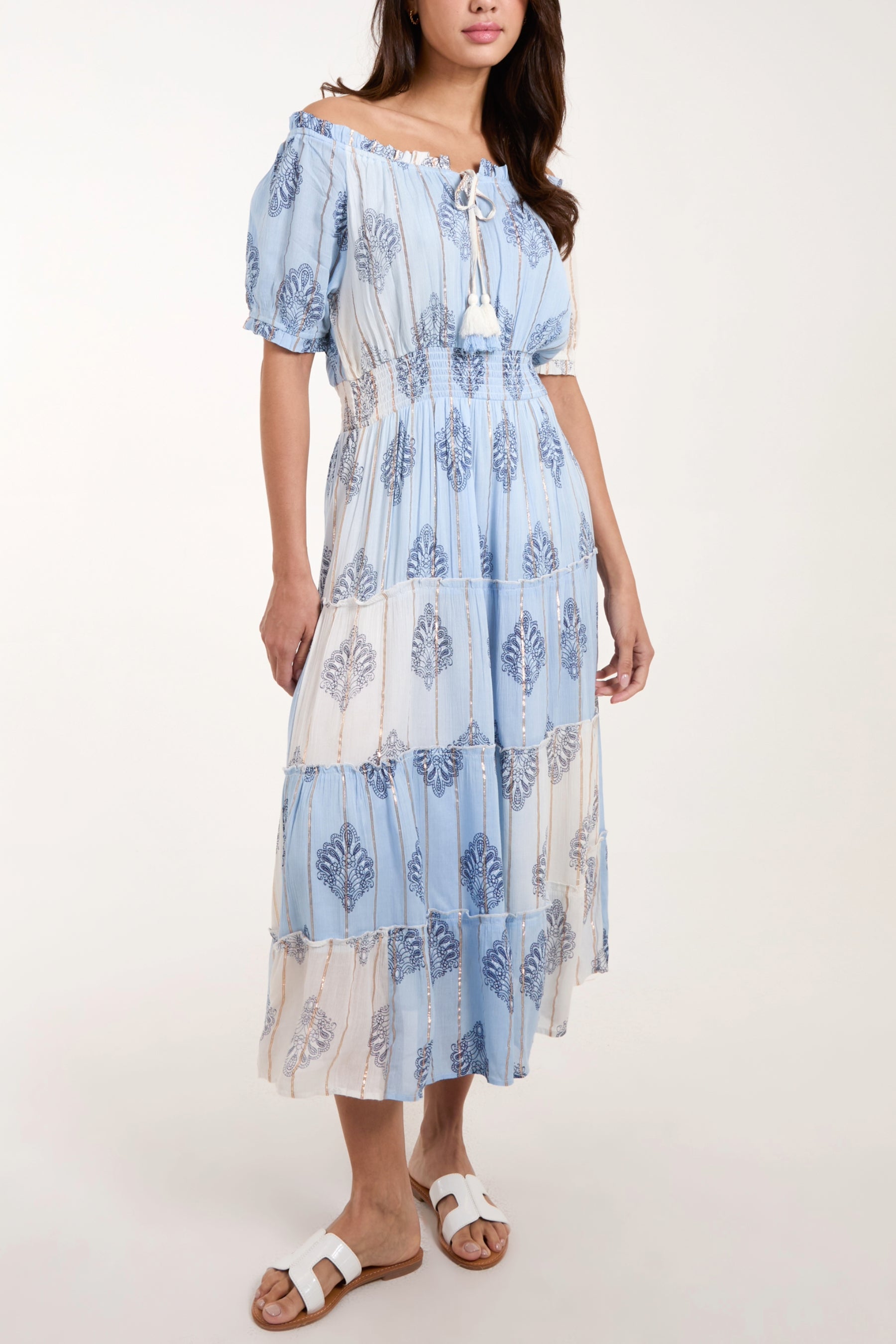 Gold Detailing Bardot Tassel Maxi Dress