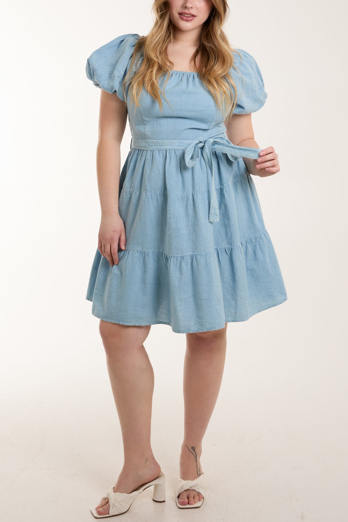 Stone Wash Puff Sleeve Belted Mini Dress