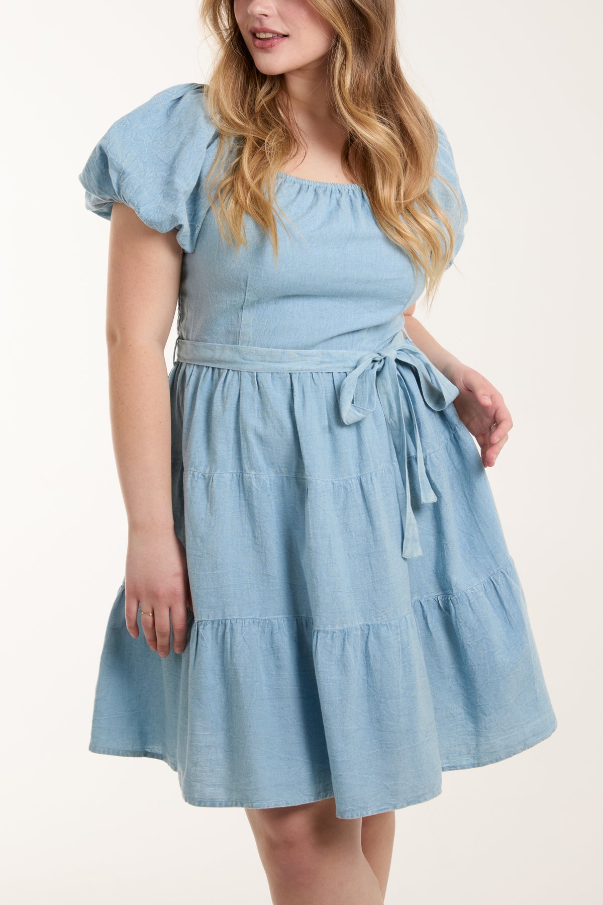 Stone Wash Puff Sleeve Belted Mini Dress