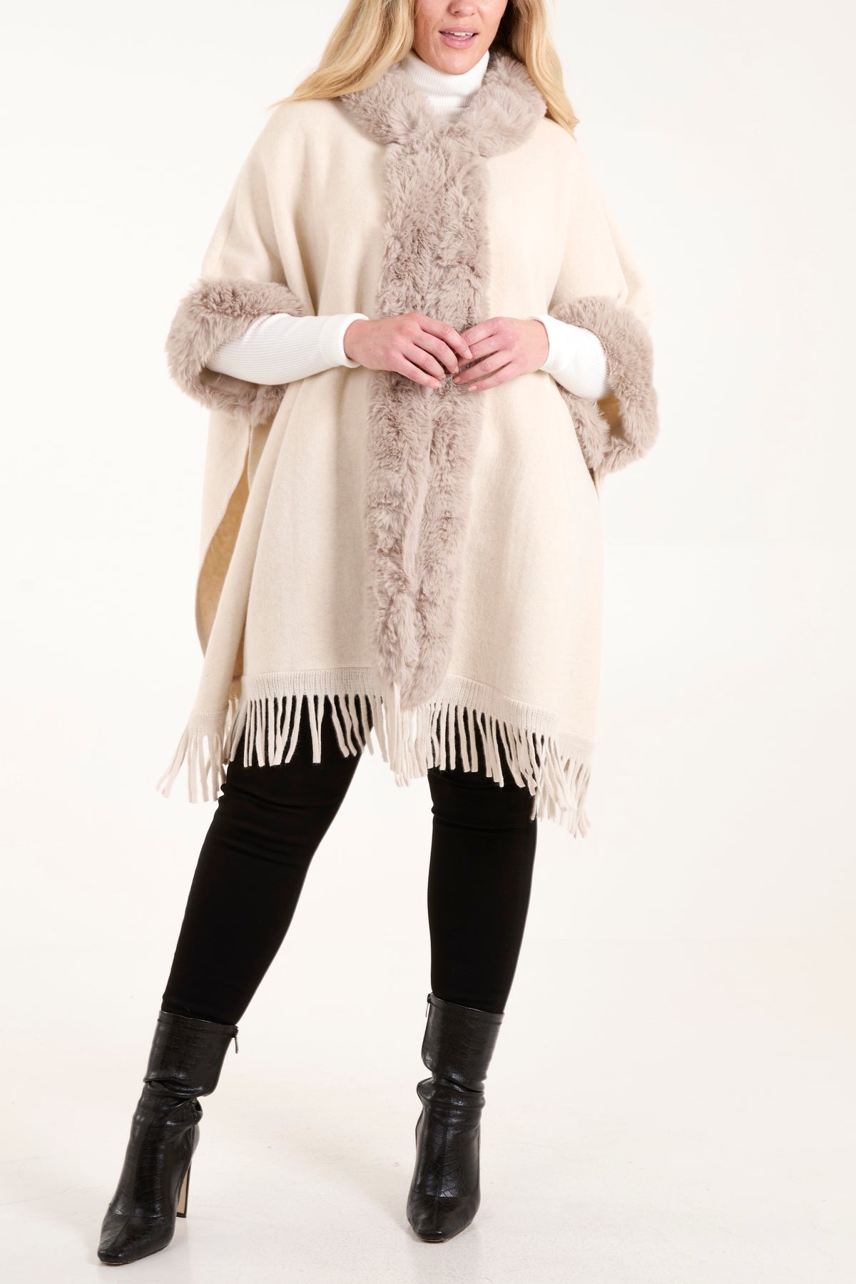 Fur Trim Tassel Cape