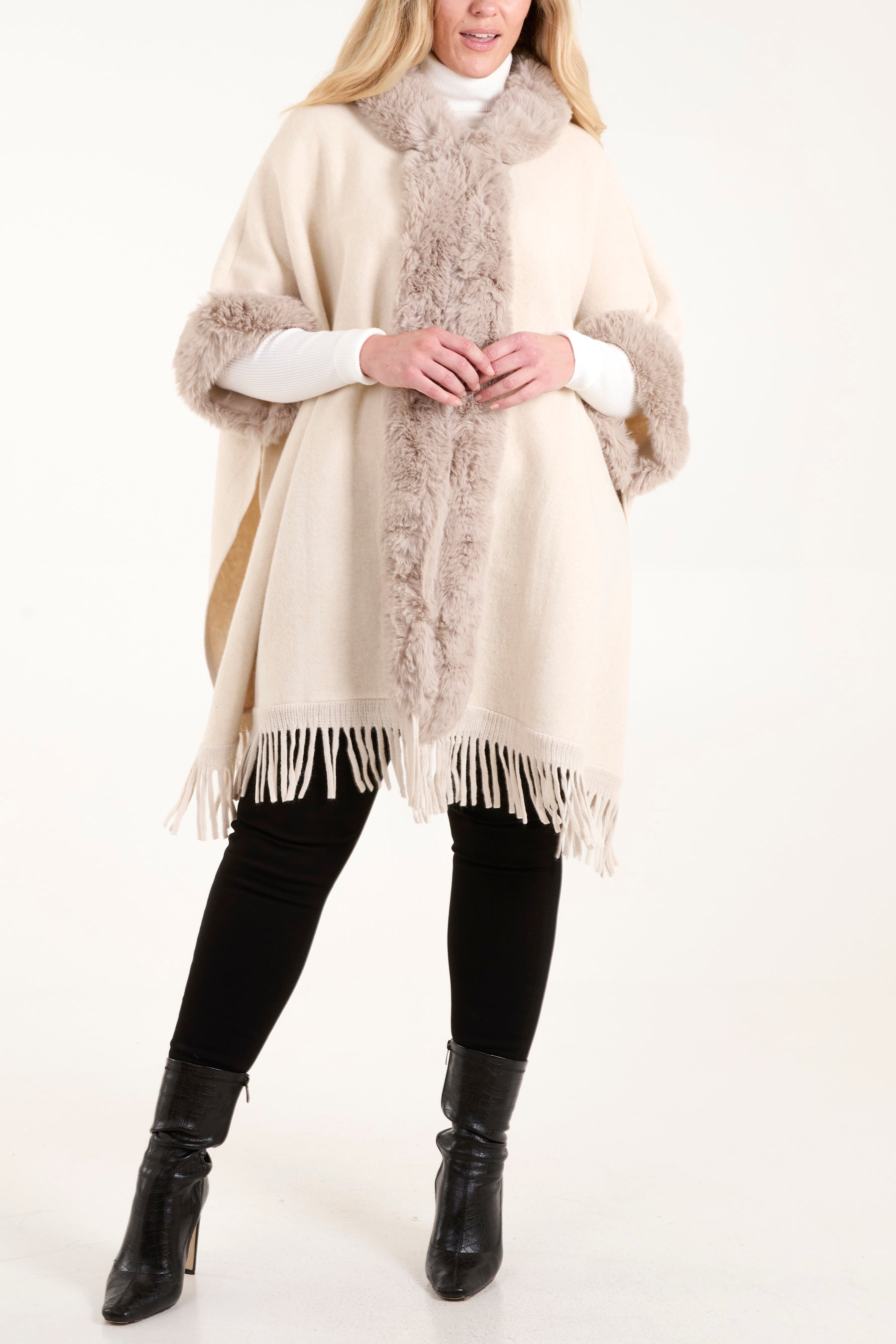 Fur Trim Tassel Cape