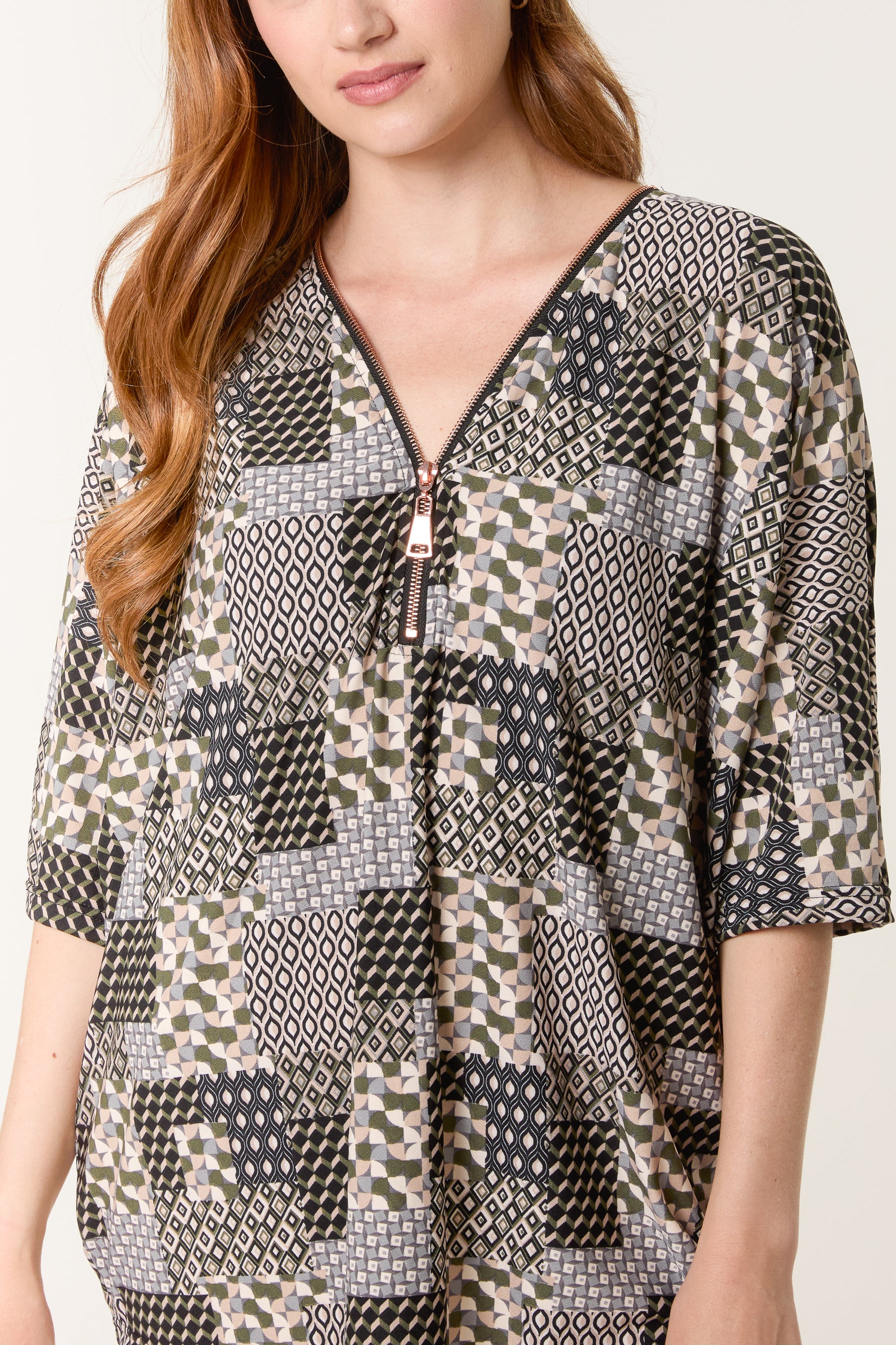 Patchwork Print Zip Front Top