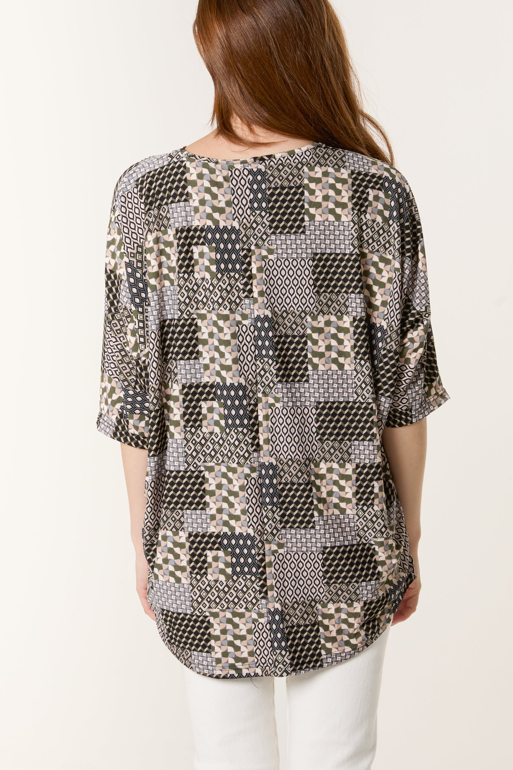 Patchwork Print Zip Front Top