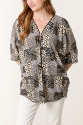 Patchwork Print Zip Front Top