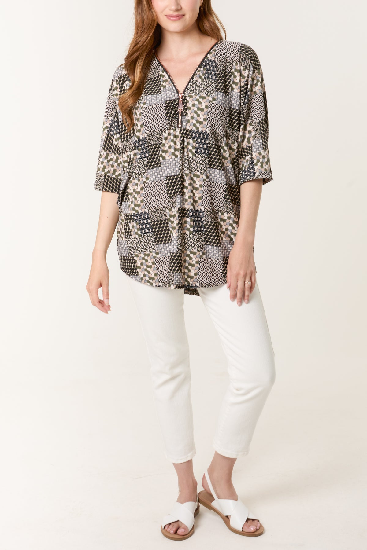 Patchwork Print Zip Front Top