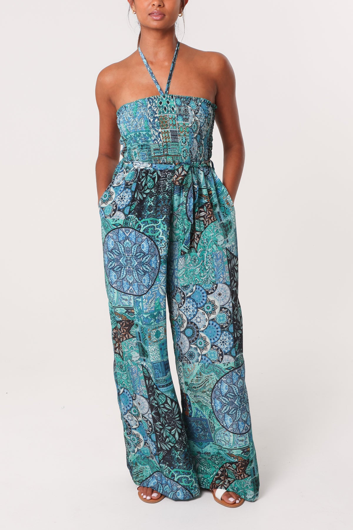 Art Silk Mixed Print Halterneck Shirred Jumpsuit