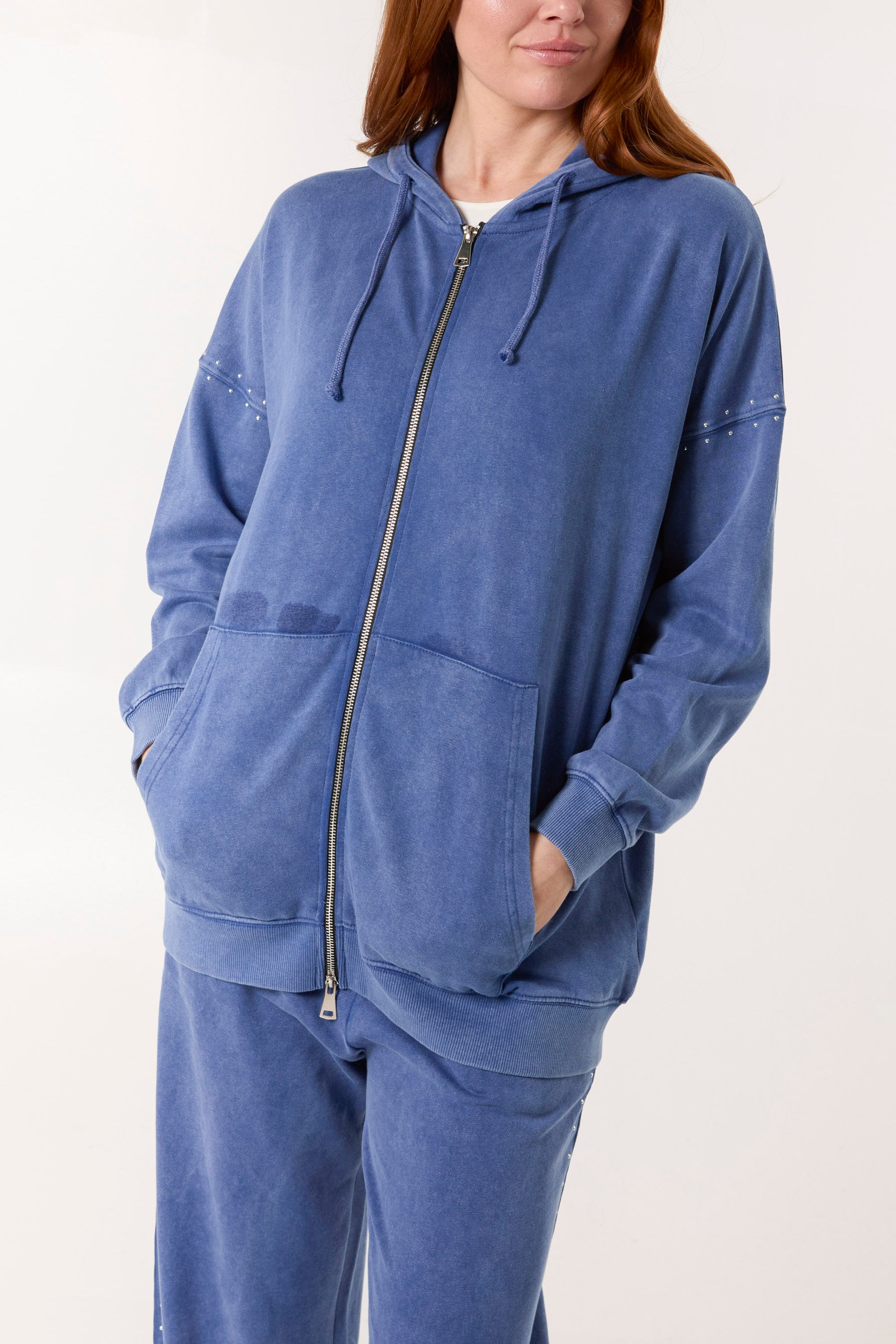 Acid Wash Studded Zip Front Hoodie Set