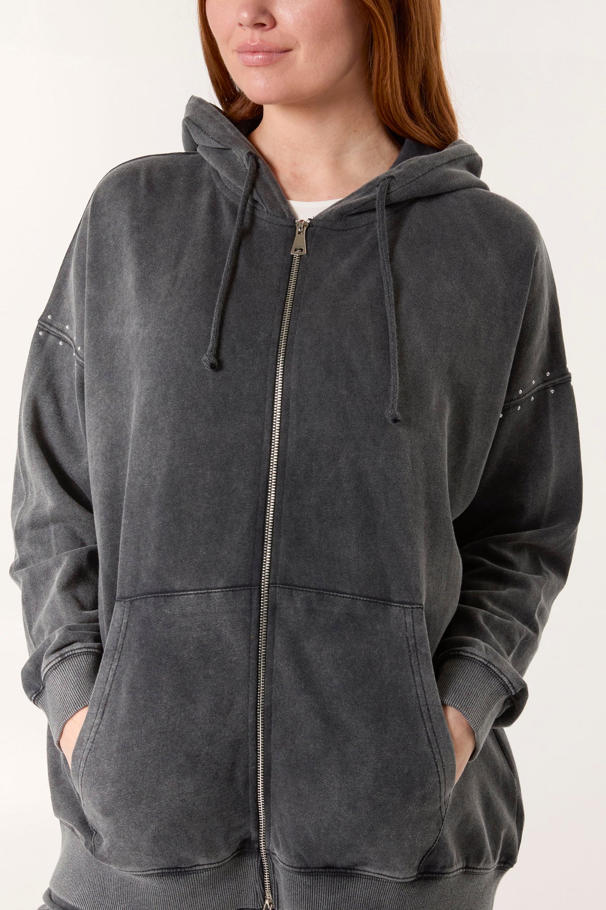 Acid Wash Studded Zip Front Hoodie Set